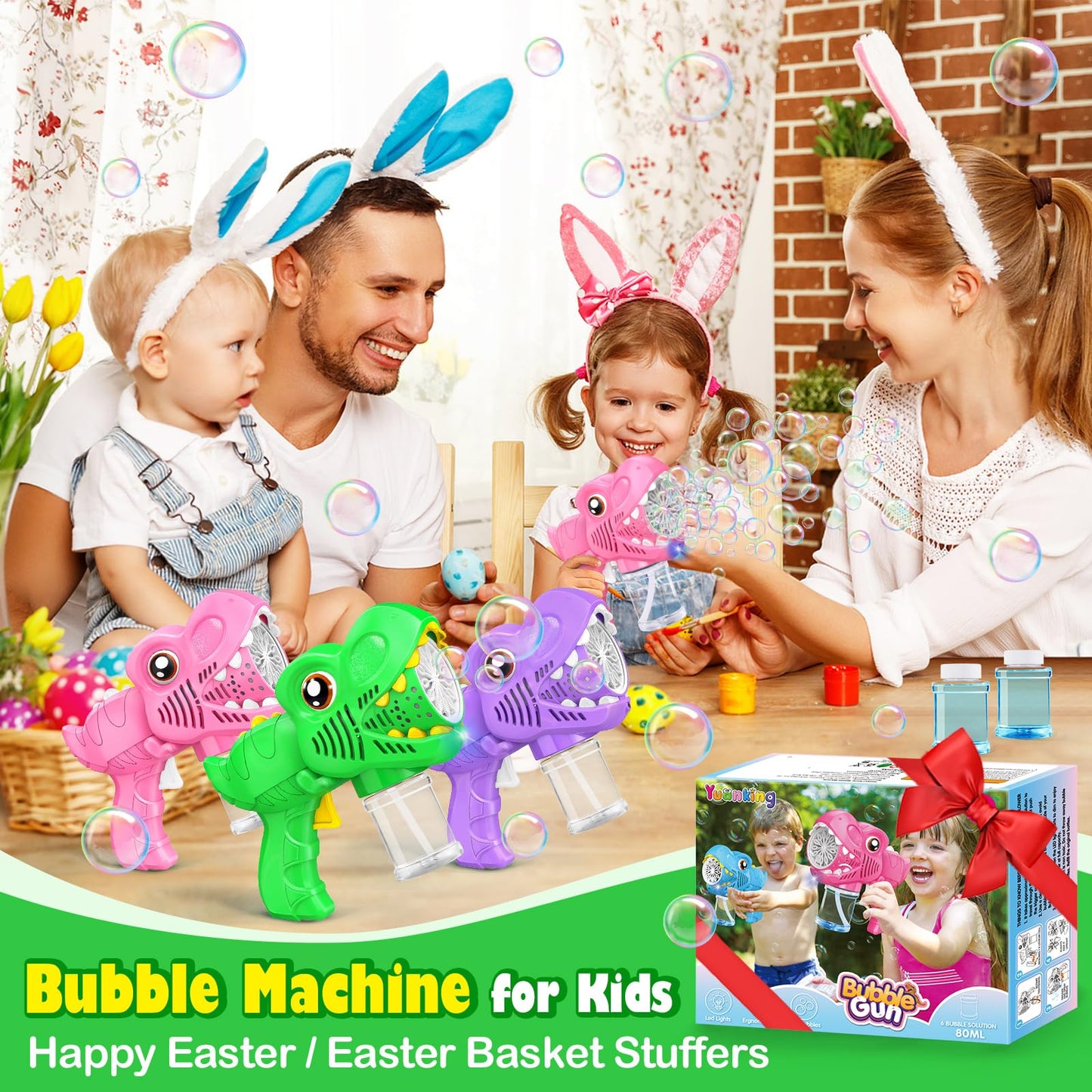 Yunaking 3-Pack Bubble Gun Gifts for Girls – LED Light-Up Bubble Machines with Refills (Green, Pink, Purple)