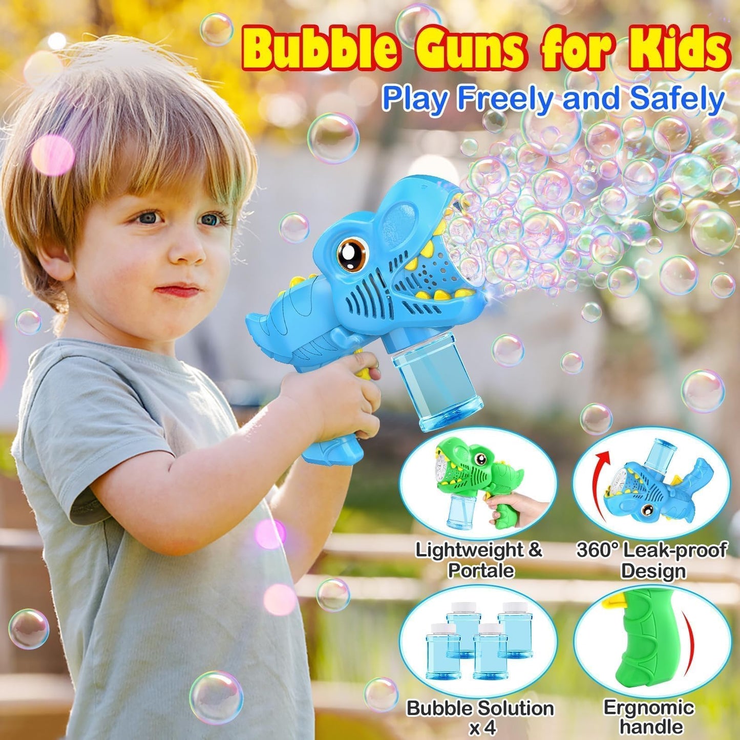 Yunaking Kids Bubble Gun 2-Pack – Dino Bubble Blaster Toys with LED Lights & 13-Hole Bubble Machine