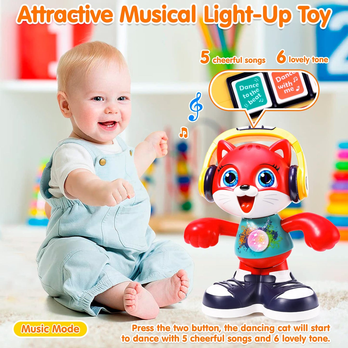 Yunaking Dancing Cat Baby Toy – Music, Lights & Interactive Learning for 2-3 Year Olds
