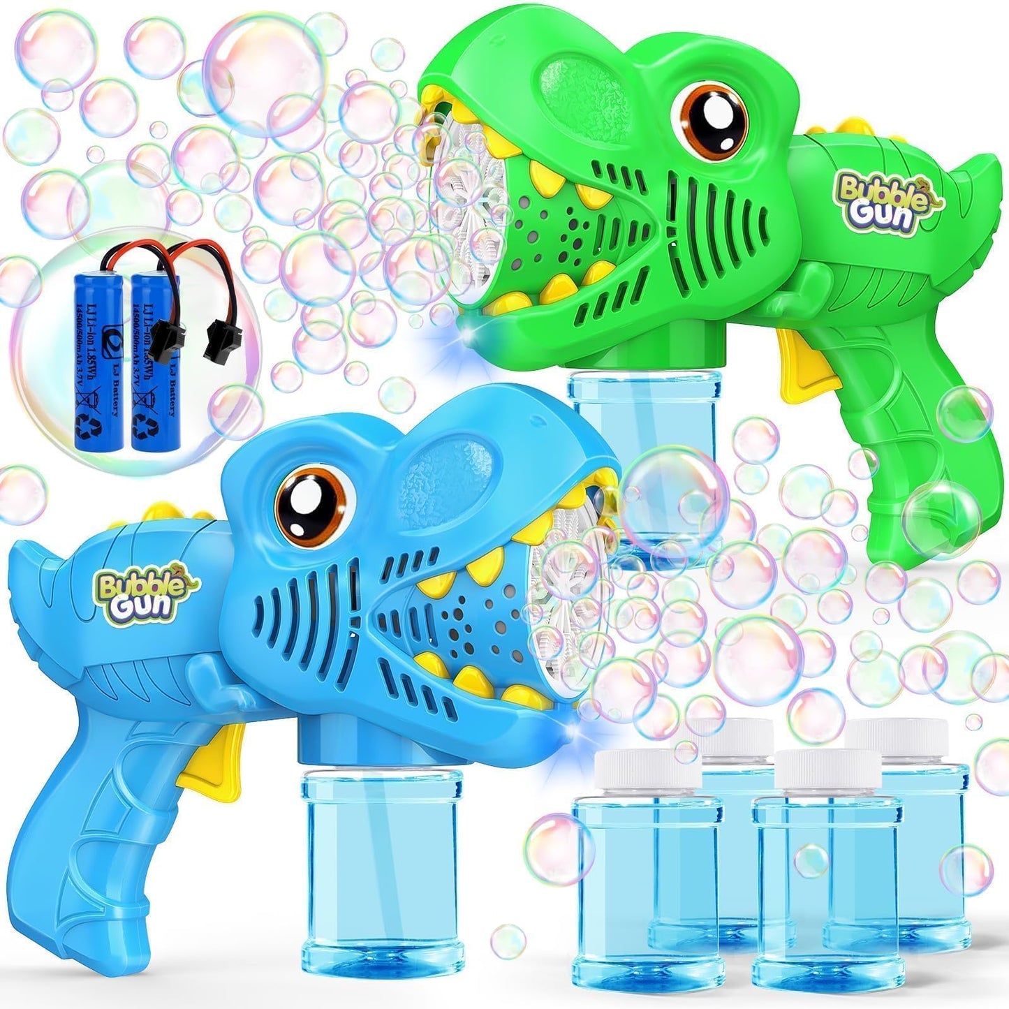 Yunaking Kids Bubble Gun 2-Pack – Dino Bubble Blaster Toys with LED Lights & 13-Hole Bubble Machine