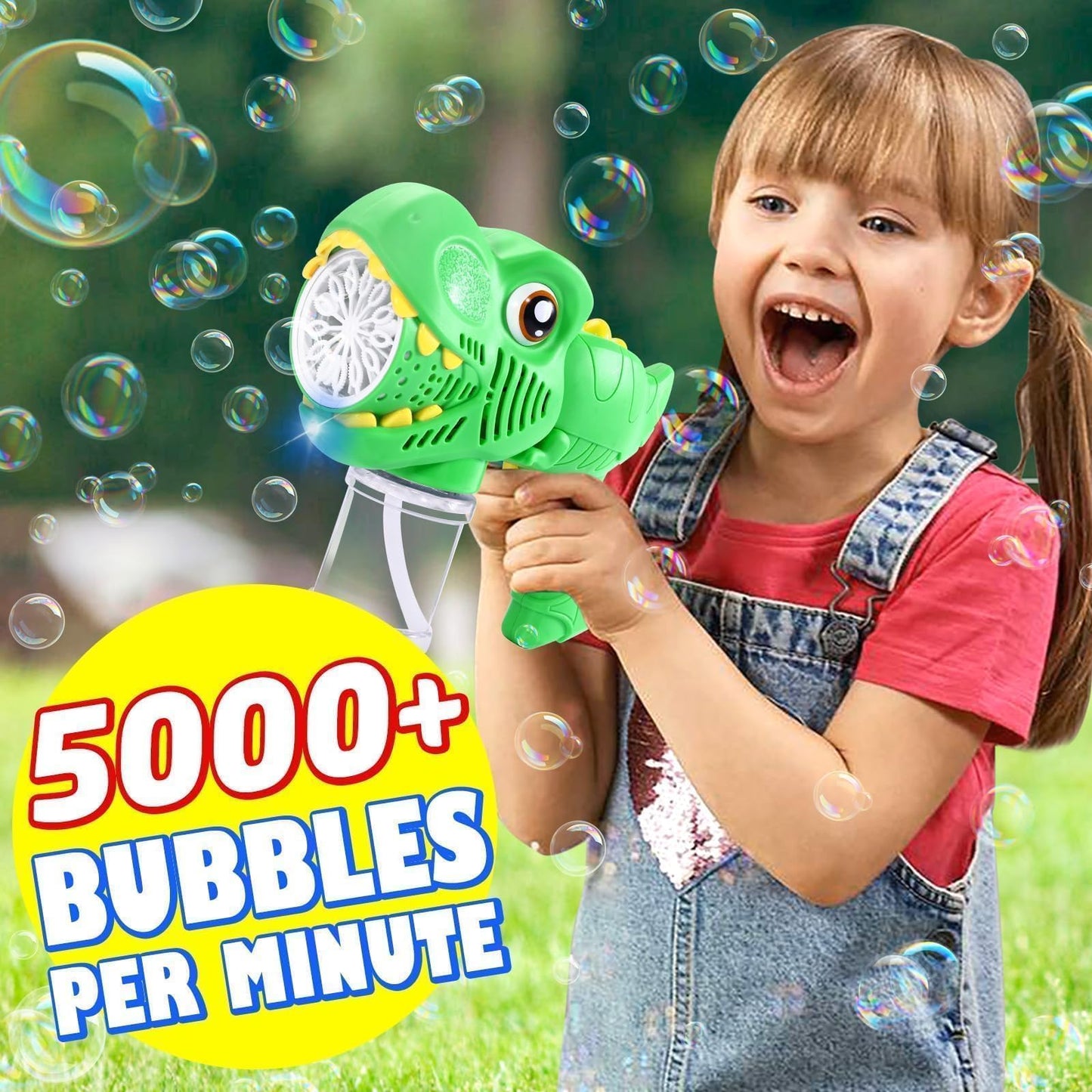Yunaking Kids Bubble Gun 2-Pack – Dino Bubble Blaster Toys with LED Lights & 13-Hole Bubble Machine