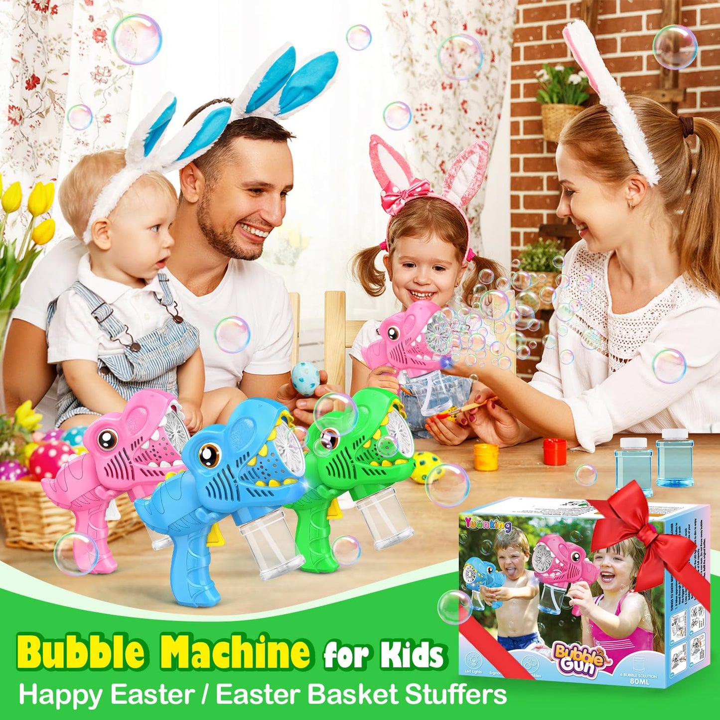 Yunaking 3 Pack Bubble Machine Gun – LED Dinosaur Bubbles Blower Set for Outdoor Fun (Green Blue Pink)