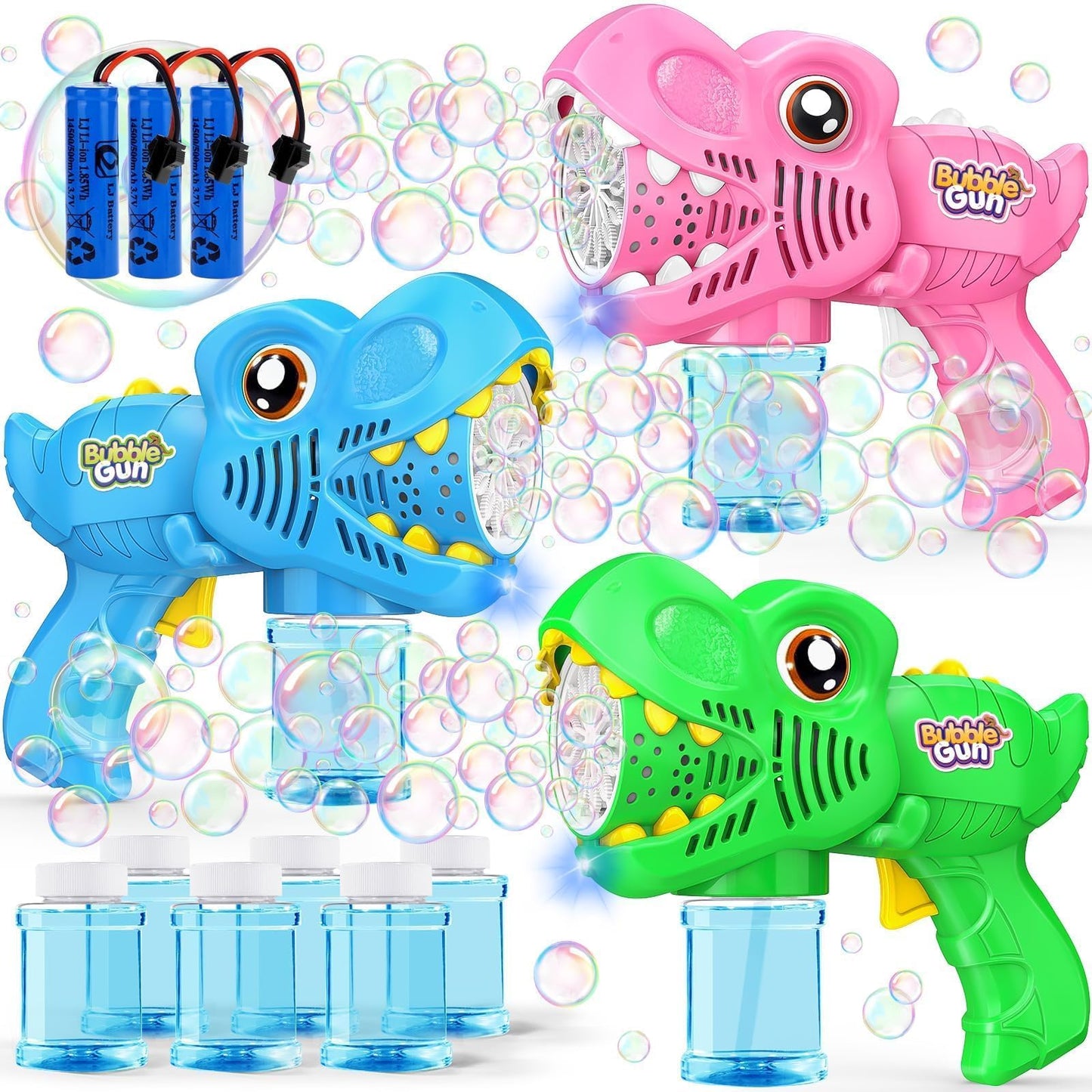 Yunaking 3 Pack Bubble Machine Gun – LED Dinosaur Bubbles Blower Set for Outdoor Fun (Green Blue Pink)