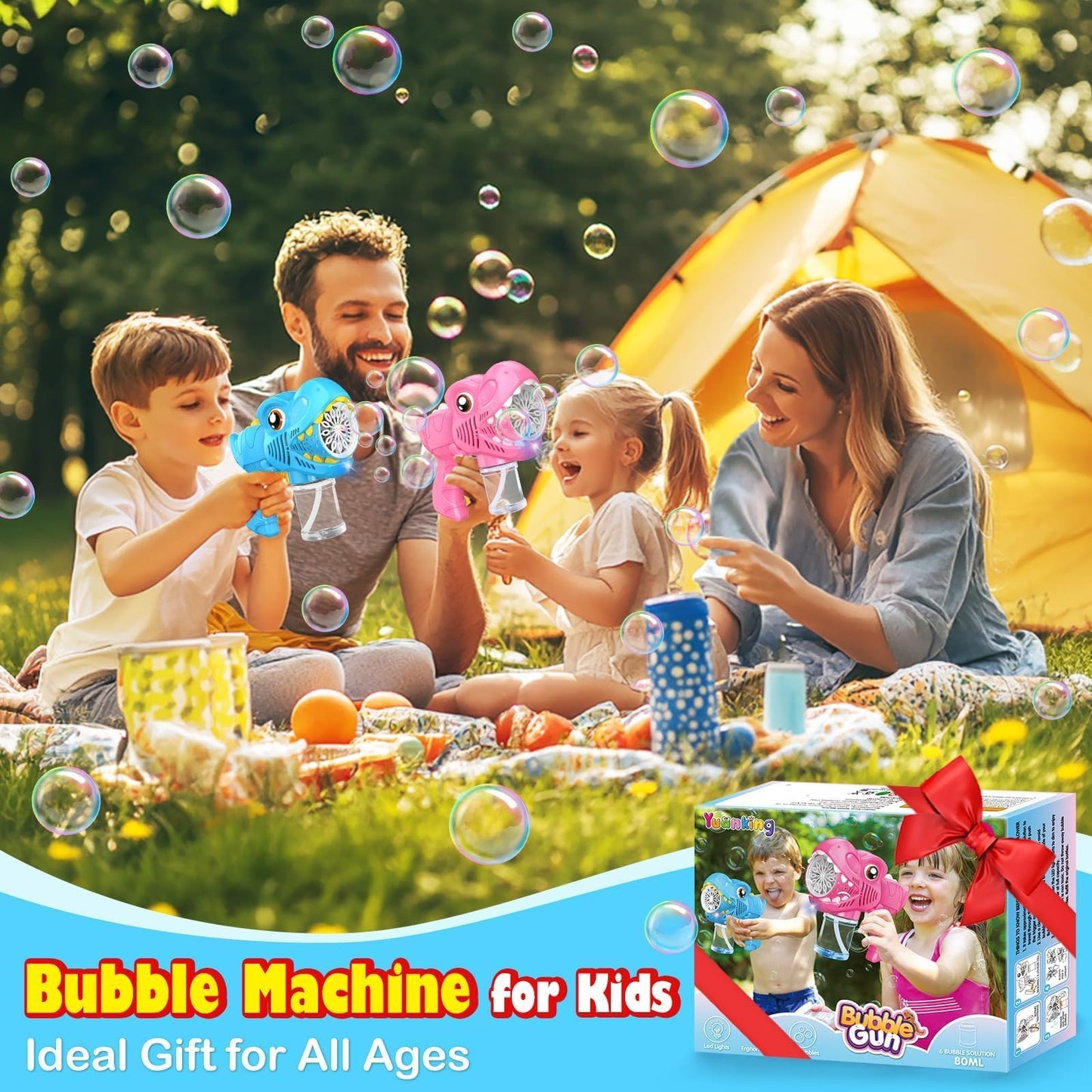 Yunaking 3 Pack Bubble Machine Gun – LED Dinosaur Bubbles Blower Set for Outdoor Fun (Green Blue Pink)