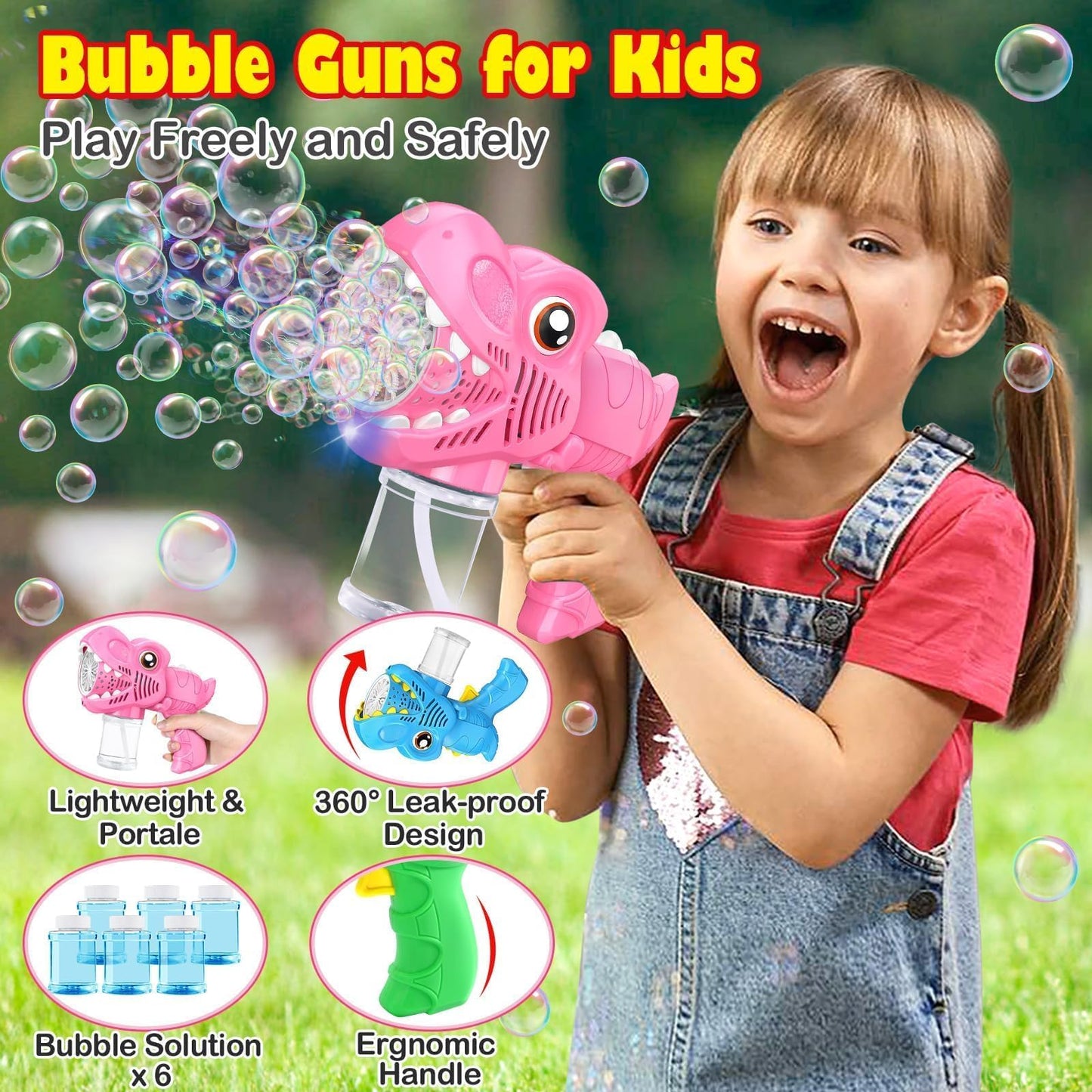Yunaking 3 Pack Bubble Machine Gun – LED Dinosaur Bubbles Blower Set for Outdoor Fun (Green Blue Pink)