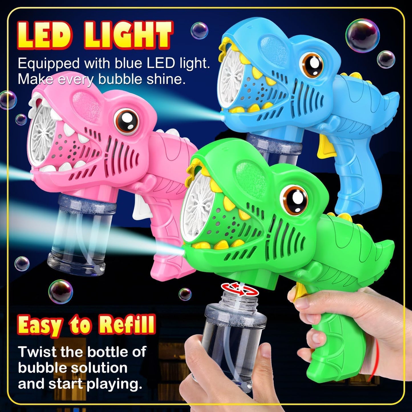 Yunaking 3 Pack Bubble Machine Gun – LED Dinosaur Bubbles Blower Set for Outdoor Fun (Green Blue Pink)