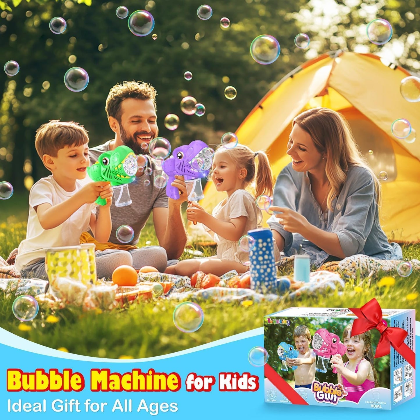 Yunaking 3 Bubble Guns – Rechargeable Bubble Machine with LED Lights (Green Blue Purple)