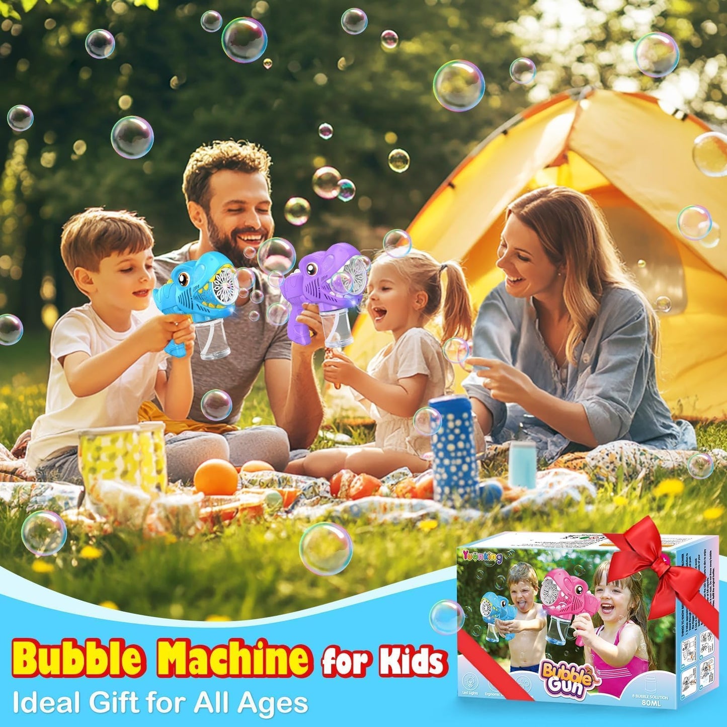 Yunaking 4-Pack Bubble Machine Guns – Rechargeable, LED Night Fun for Outdoor Play