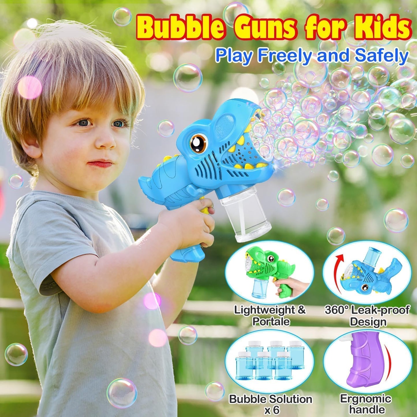 Yunaking 3 Bubble Guns – Rechargeable Bubble Machine with LED Lights (Green Blue Purple)