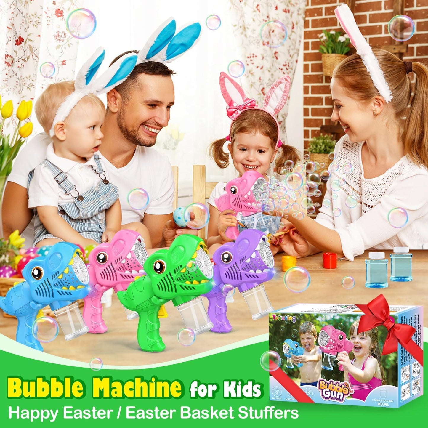 Yunaking 4-Pack Bubble Machine Guns – Rechargeable, LED Night Fun for Outdoor Play