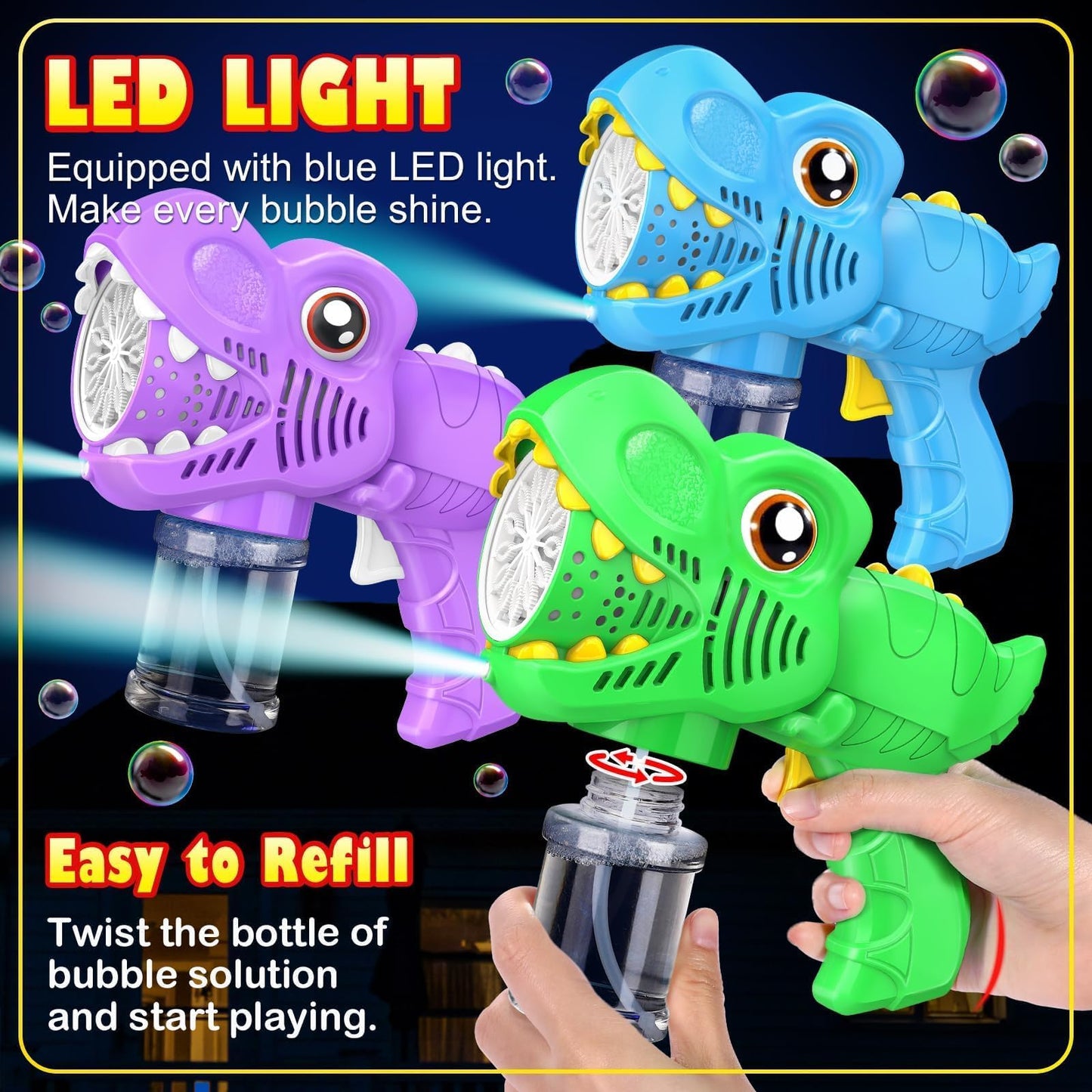 Yunaking 3 Bubble Guns – Rechargeable Bubble Machine with LED Lights (Green Blue Purple)