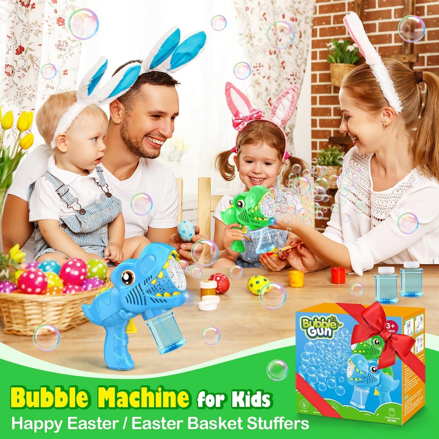 Yunaking Kids Bubble Gun 2-Pack – Dino Bubble Blaster Toys with LED Lights & 13-Hole Bubble Machine
