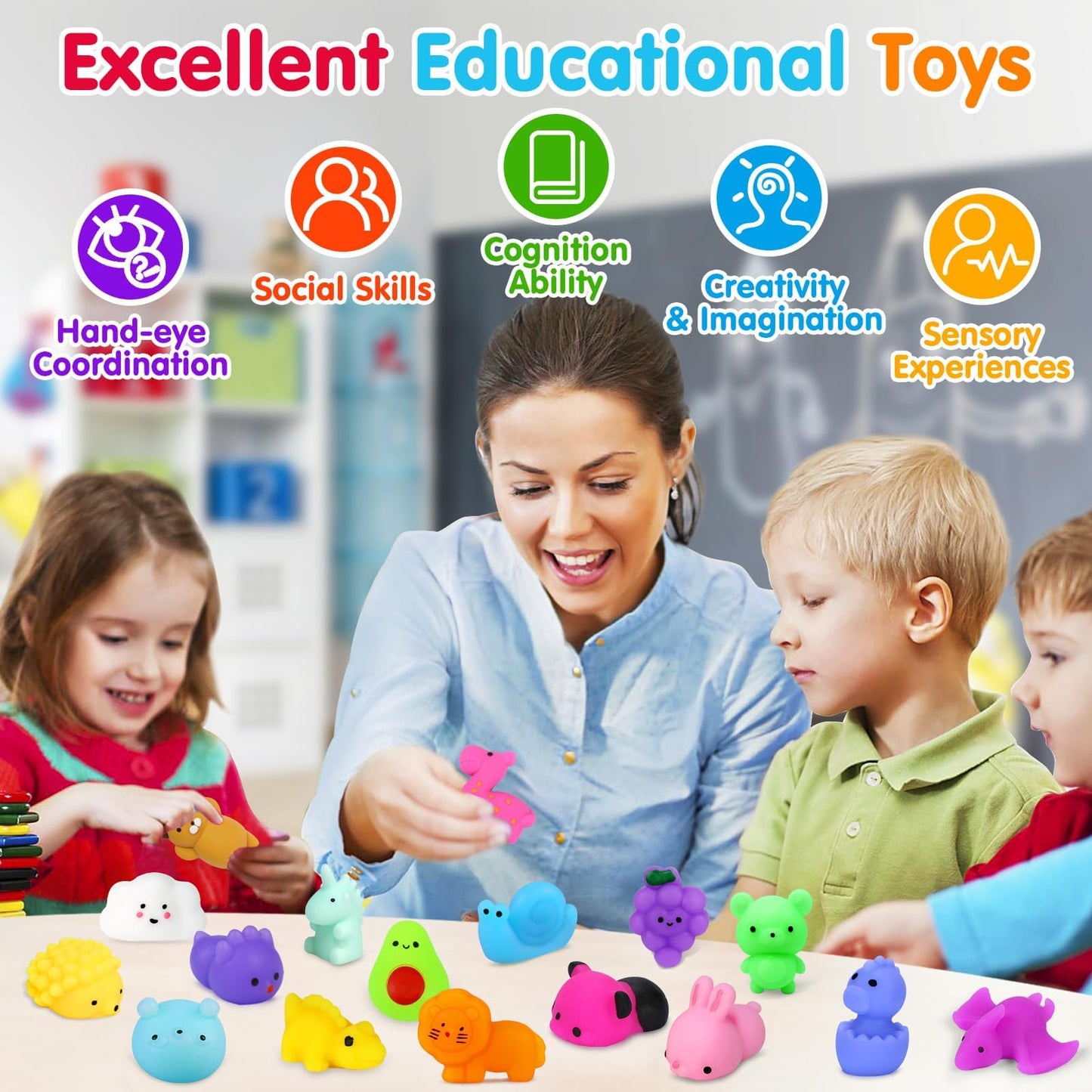 Yunaking 130PCS Mochi Squishies – Kawaii Set, Party Favors, Stress Relief, Classroom Prizes