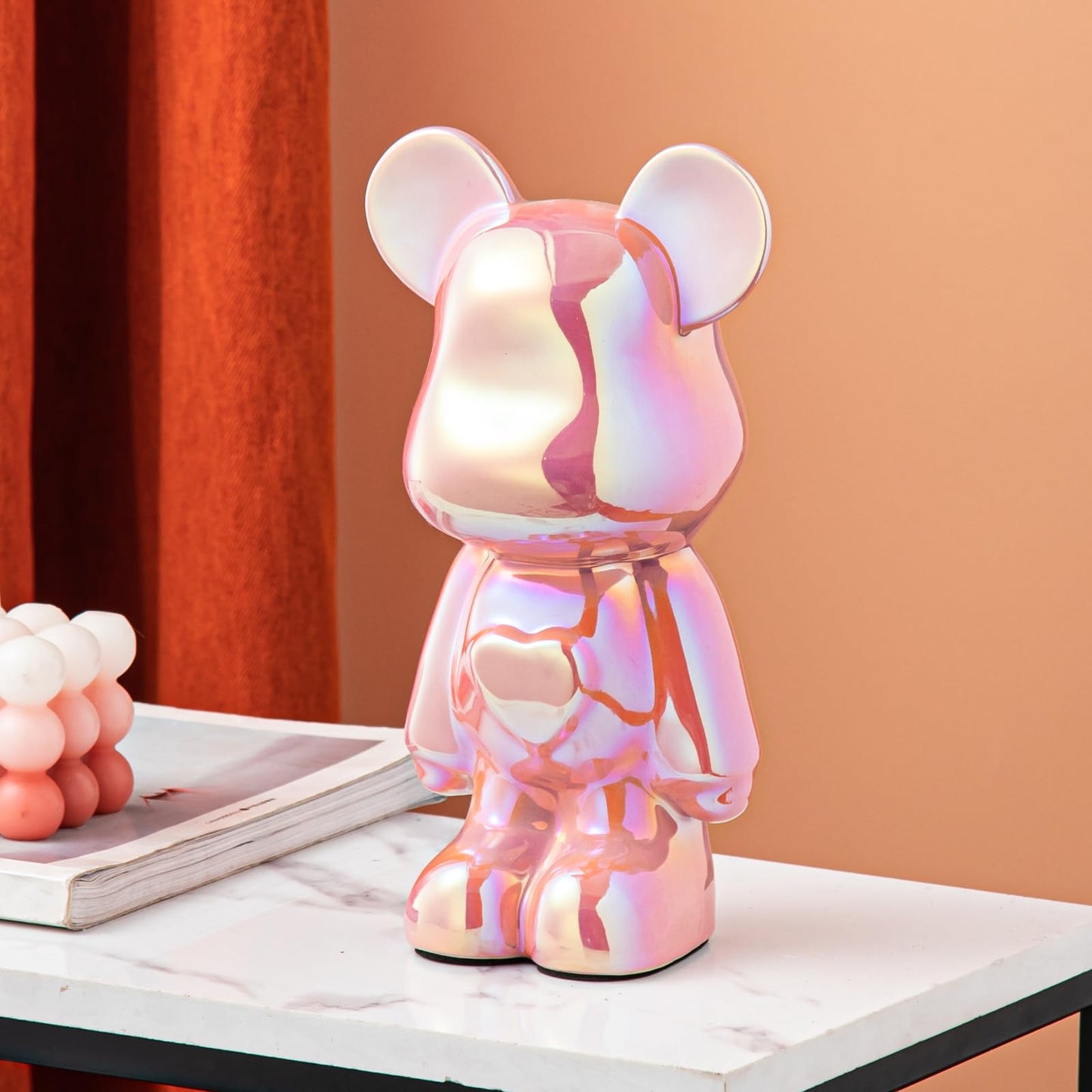 Yundu Ceramic Piggy Bank – Pink Love Bear, Modern Decor for Kids and Adults