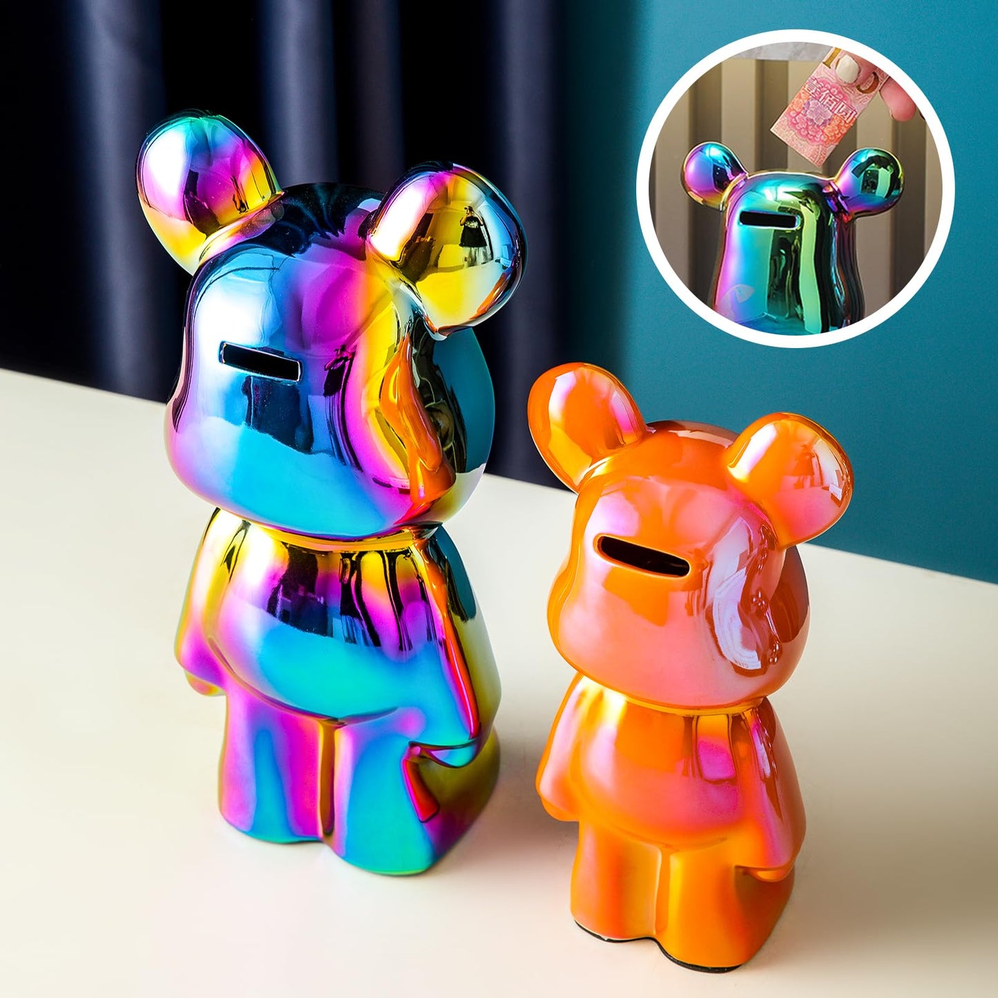 Yundu Ceramic Piggy Bank – Pink Love Bear, Modern Decor for Kids and Adults