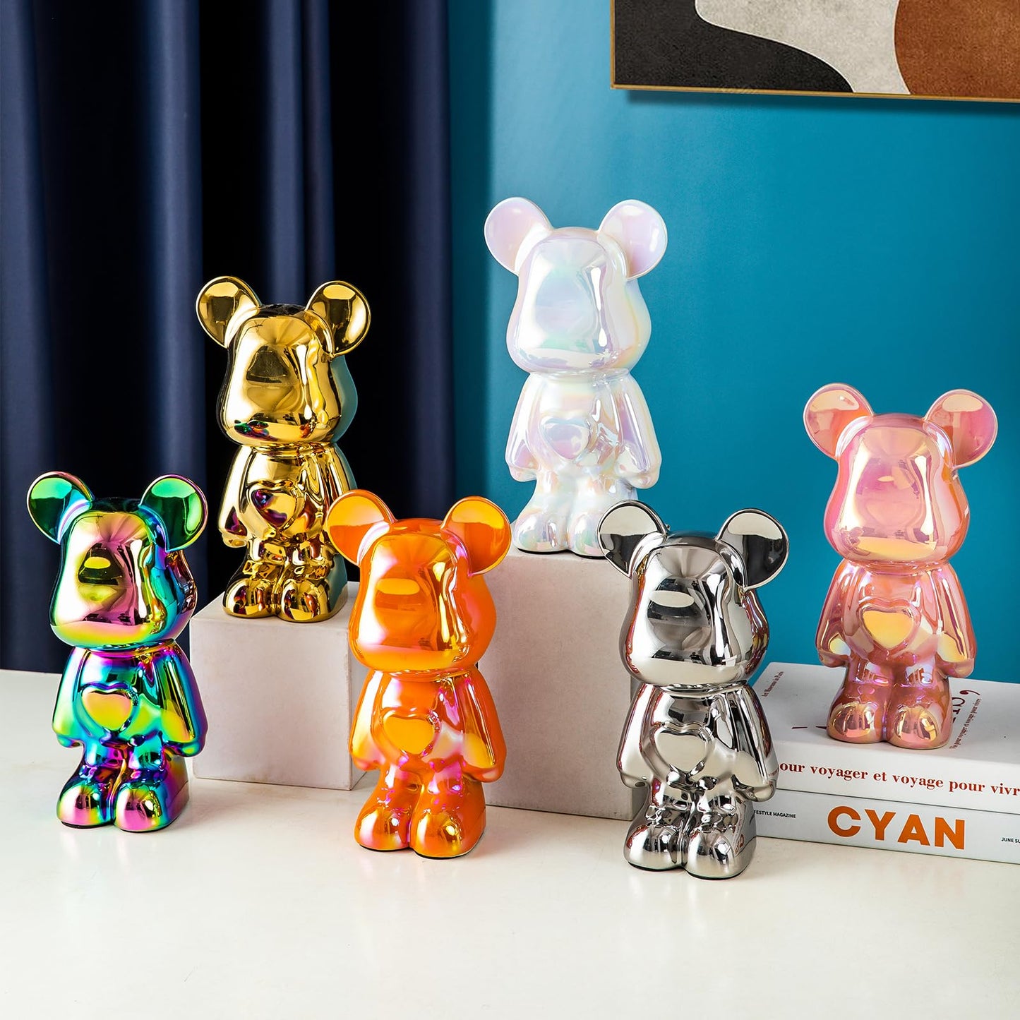 Yundu Ceramic Piggy Bank – Pink Love Bear, Modern Decor for Kids and Adults