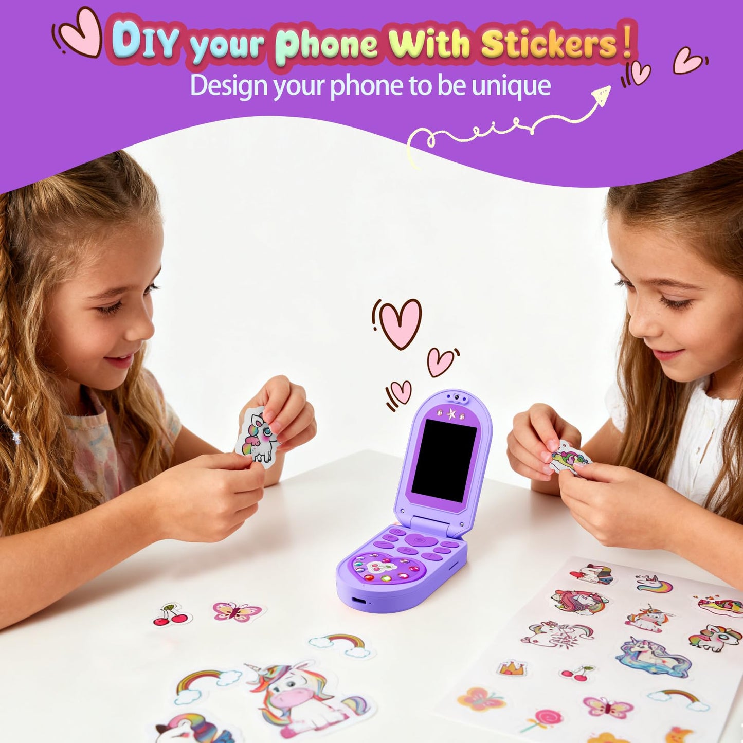 YUNIBRIX Kids Flip Phone Toy for Girls – 32GB, 1080P Dual Cameras, DIY Stickers | Ages 3-8
