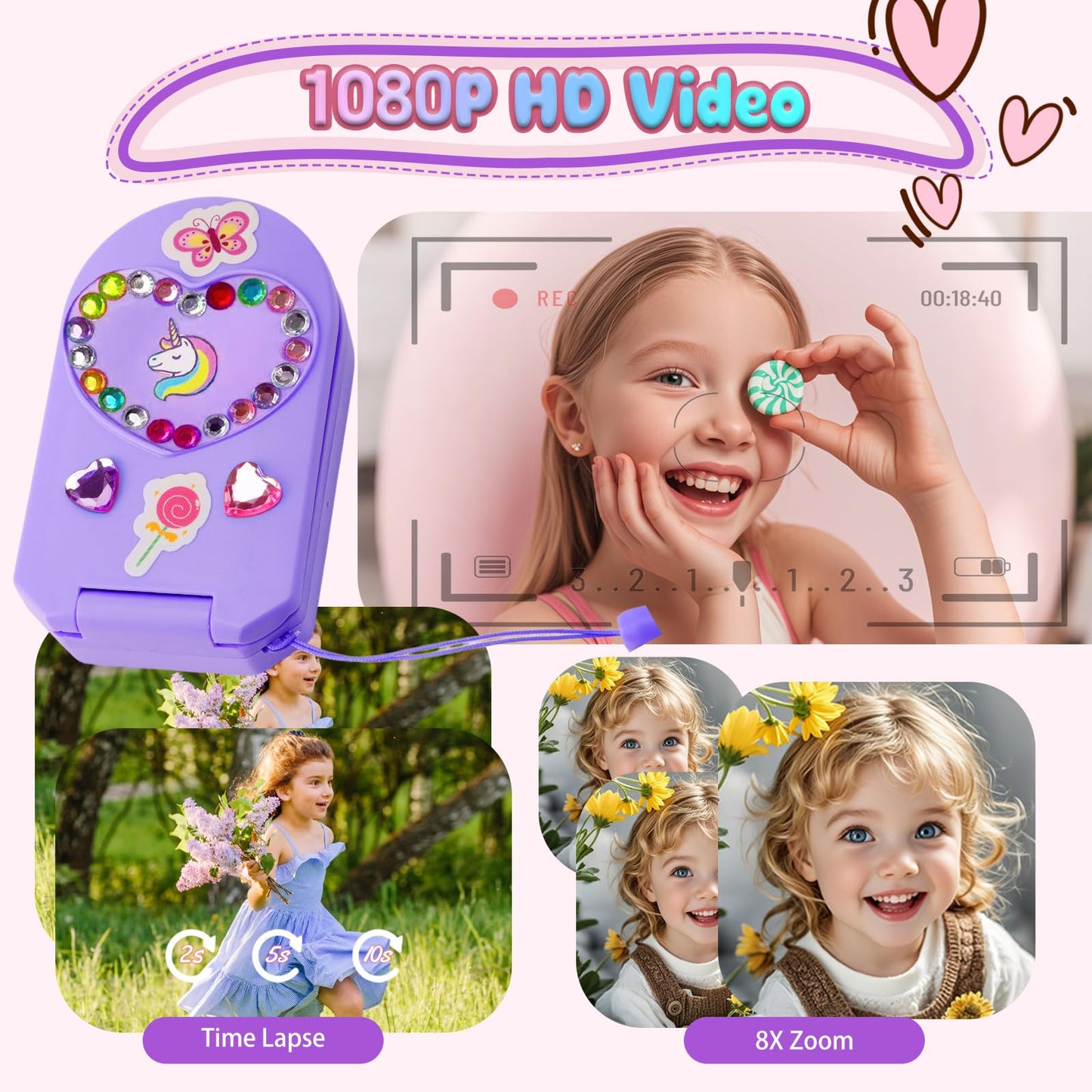 YUNIBRIX Kids Flip Phone Toy for Girls – 32GB, 1080P Dual Cameras, DIY Stickers | Ages 3-8