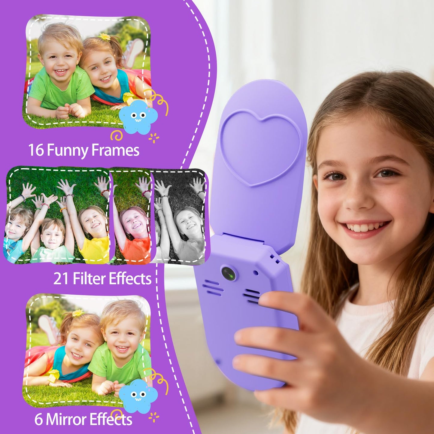 YUNIBRIX Kids Flip Phone Toy for Girls – 32GB, 1080P Dual Cameras, DIY Stickers | Ages 3-8