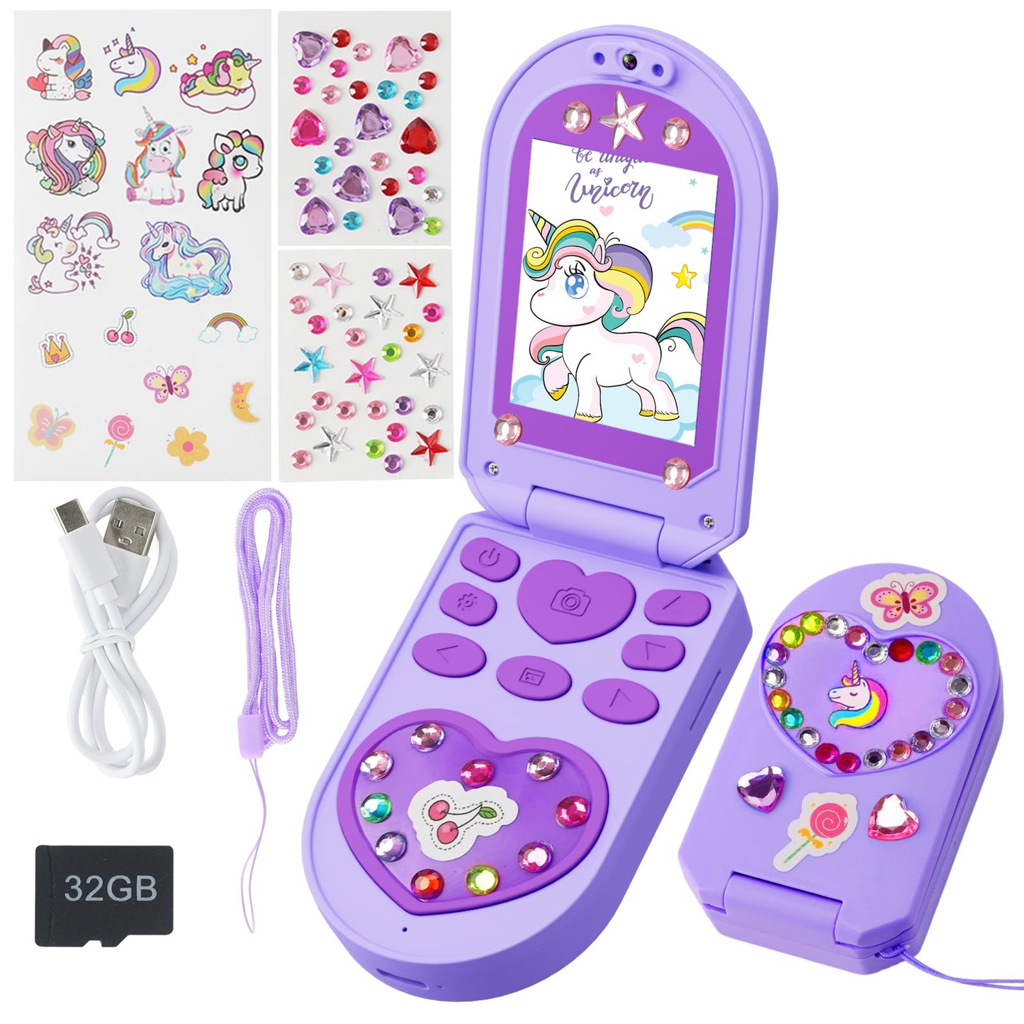 YUNIBRIX Kids Flip Phone Toy for Girls – 32GB, 1080P Dual Cameras, DIY Stickers | Ages 3-8