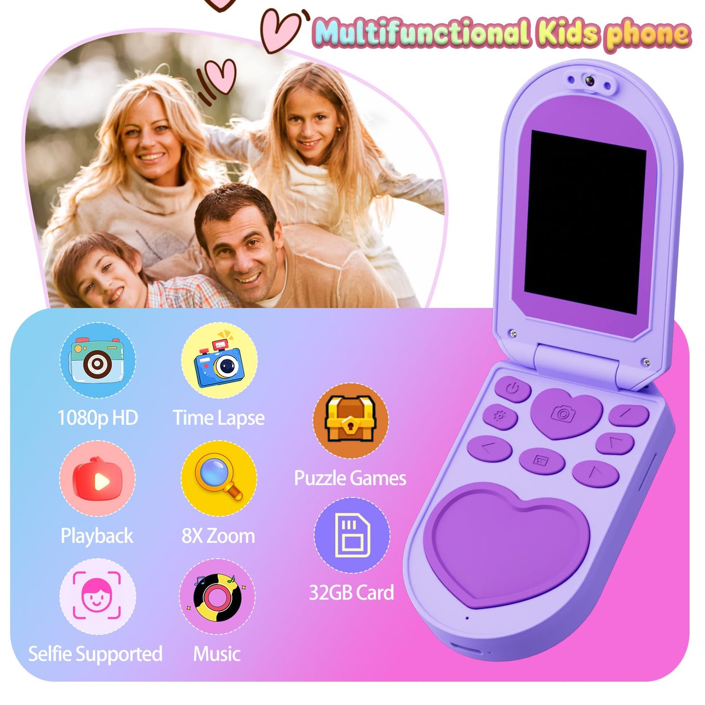 YUNIBRIX Kids Flip Phone Toy for Girls – 32GB, 1080P Dual Cameras, DIY Stickers | Ages 3-8