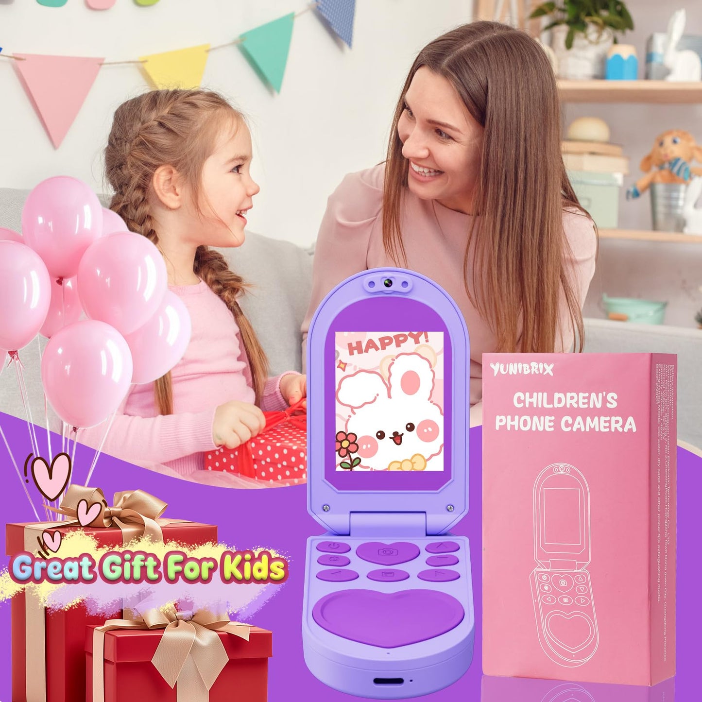 YUNIBRIX Kids Flip Phone Toy for Girls – 32GB, 1080P Dual Cameras, DIY Stickers | Ages 3-8