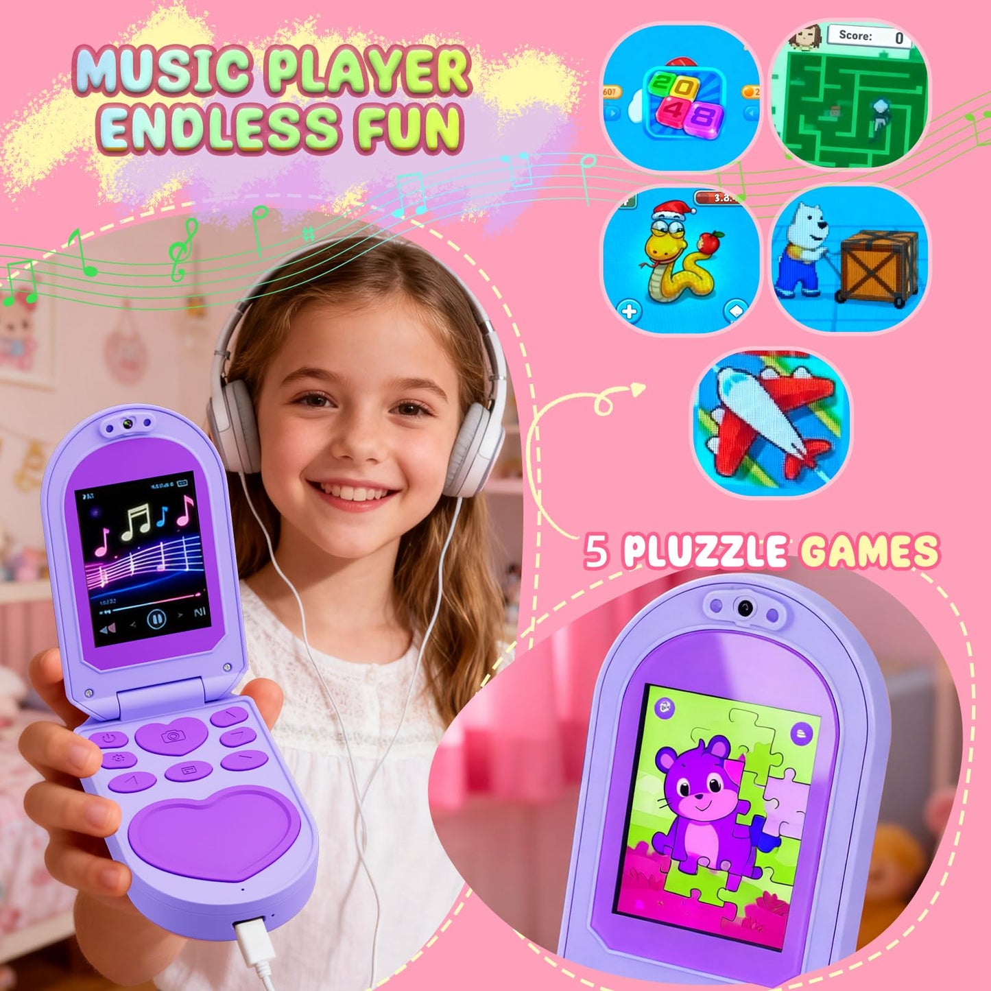 YUNIBRIX Kids Flip Phone Toy for Girls – 32GB, 1080P Dual Cameras, DIY Stickers | Ages 3-8
