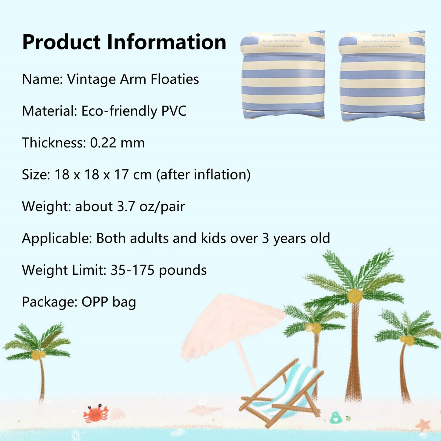 YUNLOVXEE 2-4 Pack Arm Floaties for Kids & Adults – Vintage Striped Inflatable Arm Bands (Blue)