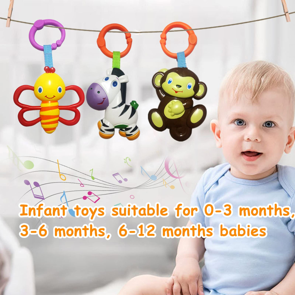 YUNLOVXEE Baby Toys 4-Pack - Cartoon Animal Hanging Rattles for Stroller, Car Seat & Crib