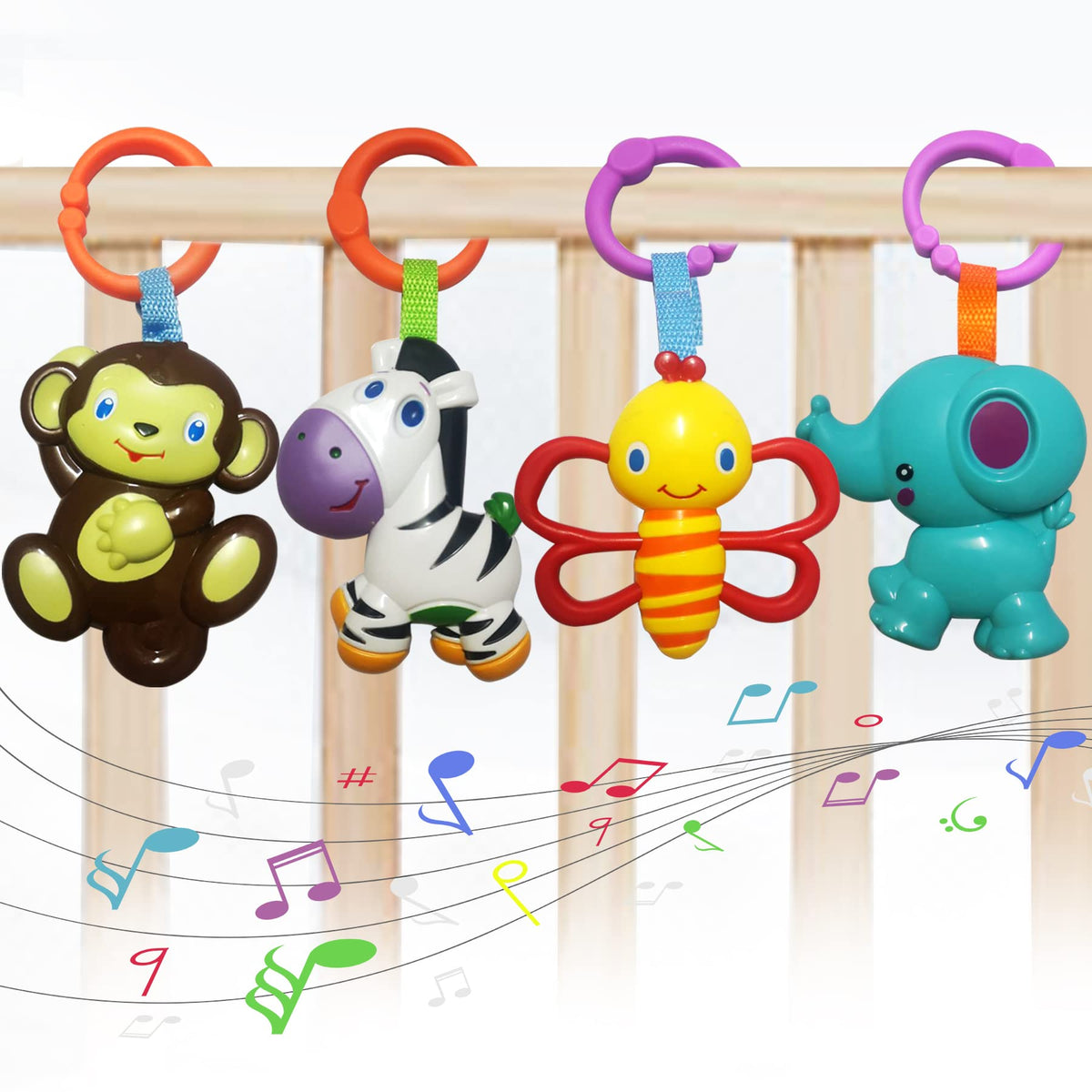 YUNLOVXEE Baby Toys 4-Pack - Cartoon Animal Hanging Rattles for Stroller, Car Seat & Crib