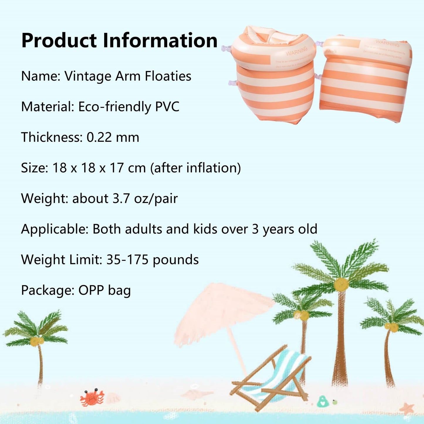 YUNLOVXEE Arm Floaties 2-4 Pack - Vintage Striped PVC Pool Rings Orange