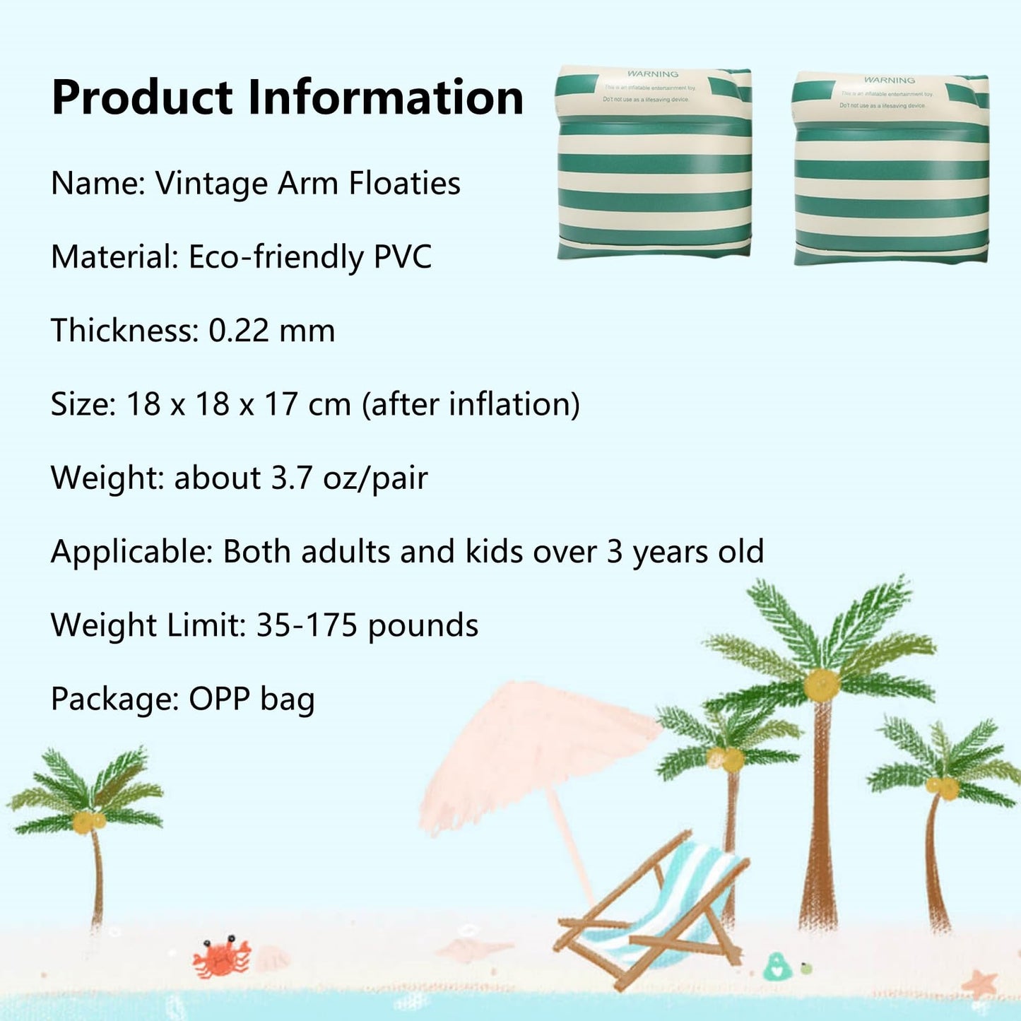 YUNLOVXEE Arm Floaties 2-4 Pack – Vintage Striped Pool Rings (Blue/Green)