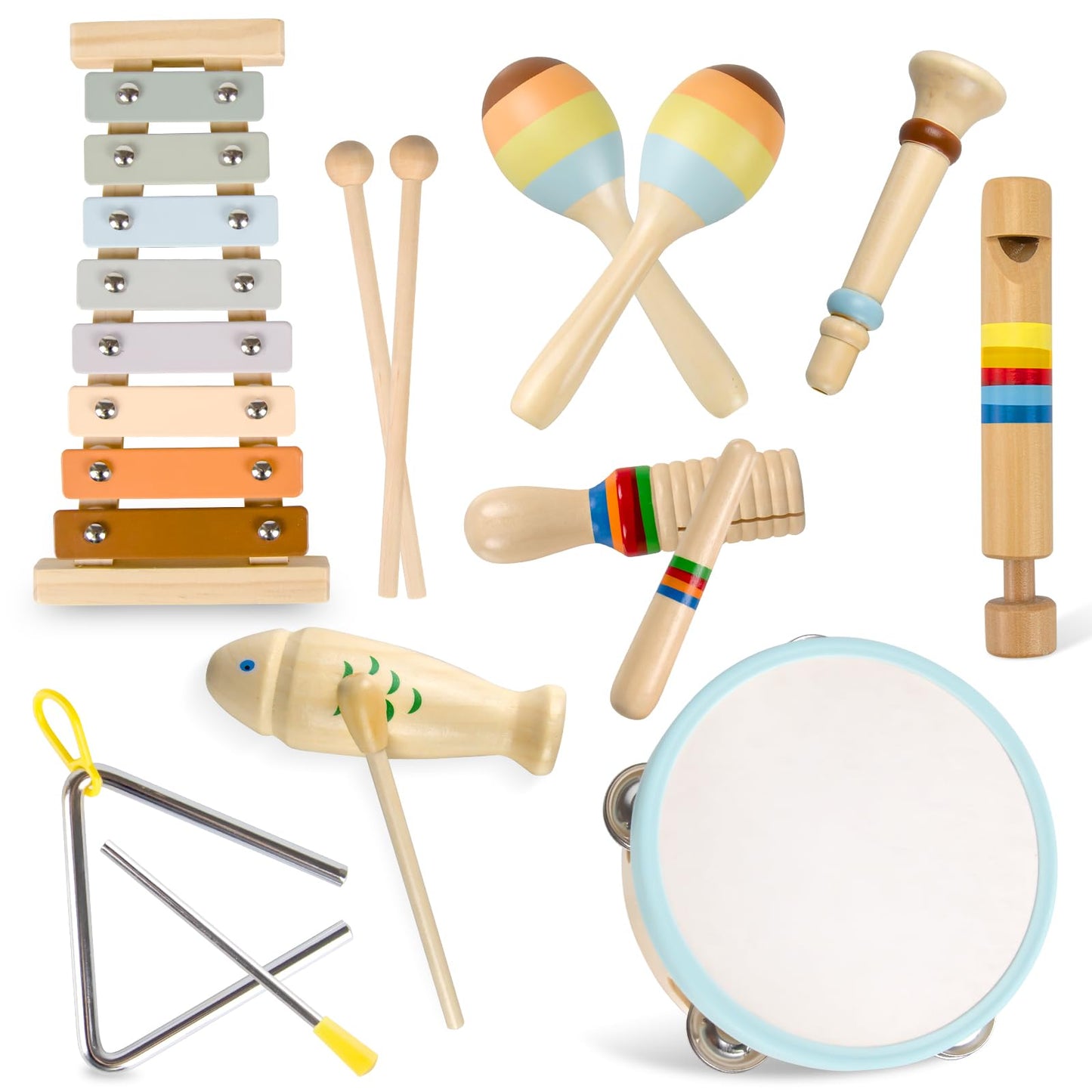 YUNLX Baby Musical Instruments – Montessori Wooden Toys (8-Piece Set) with Neutral Boho Xylophone