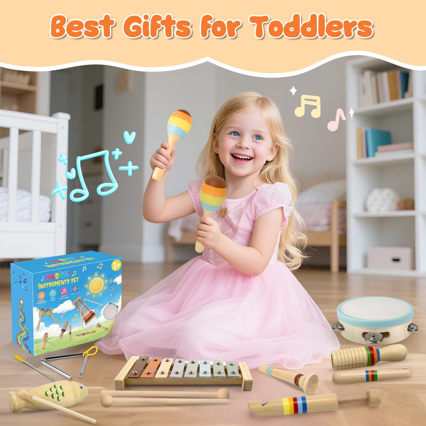 YUNLX Baby Musical Instruments – Montessori Wooden Toys (8-Piece Set) with Neutral Boho Xylophone