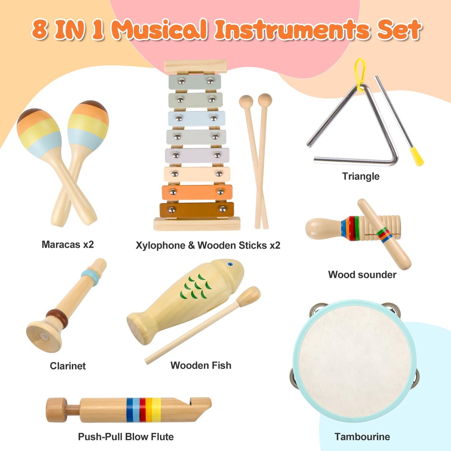 YUNLX Baby Musical Instruments – Montessori Wooden Toys (8-Piece Set) with Neutral Boho Xylophone