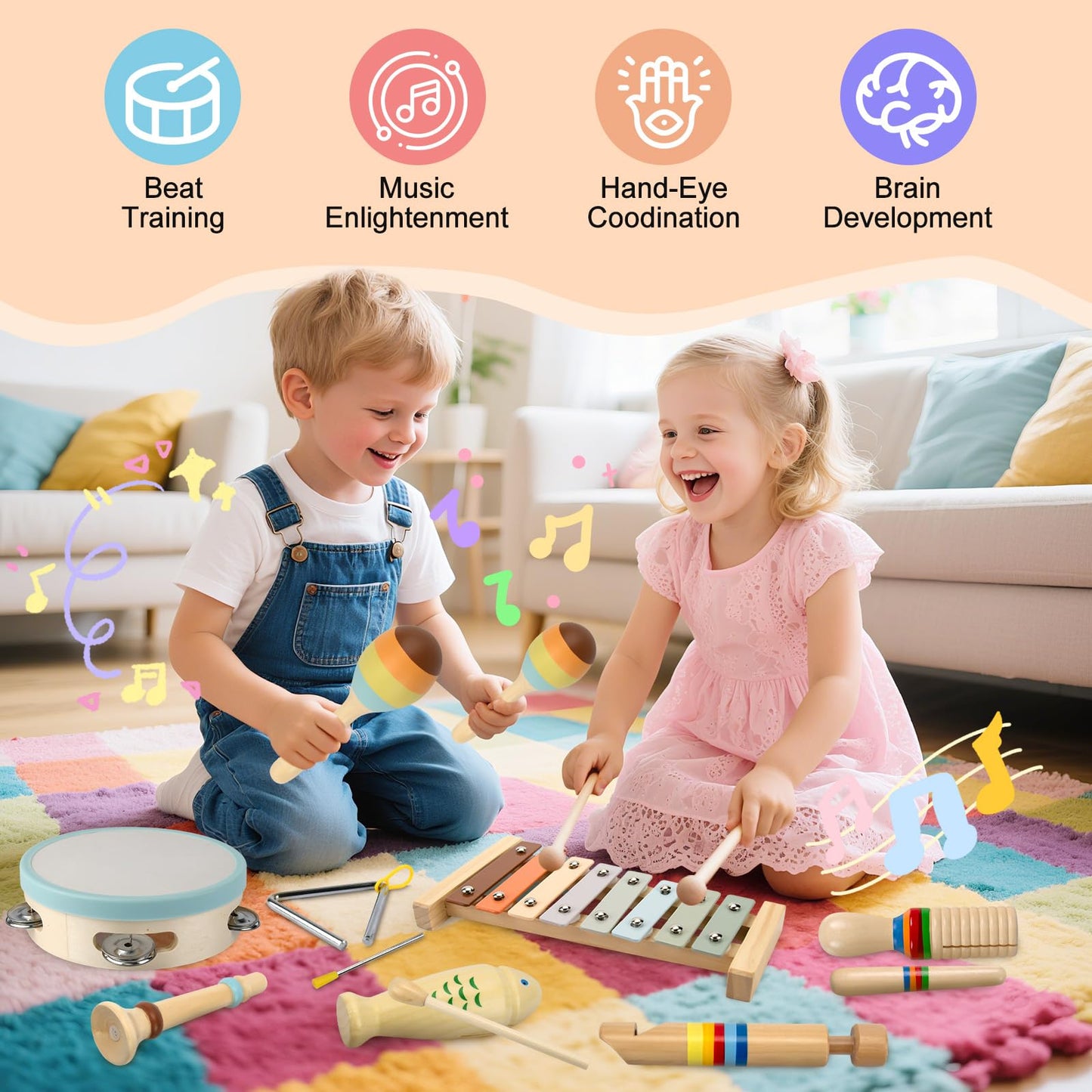YUNLX Baby Musical Instruments – Montessori Wooden Toys (8-Piece Set) with Neutral Boho Xylophone