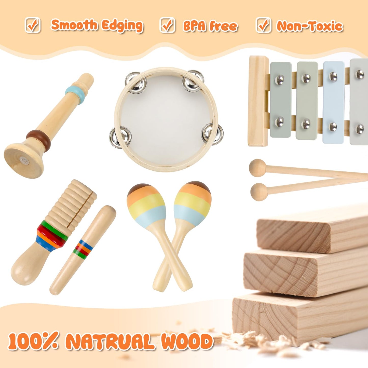 YUNLX Baby Musical Instruments – Montessori Wooden Toys (8-Piece Set) with Neutral Boho Xylophone