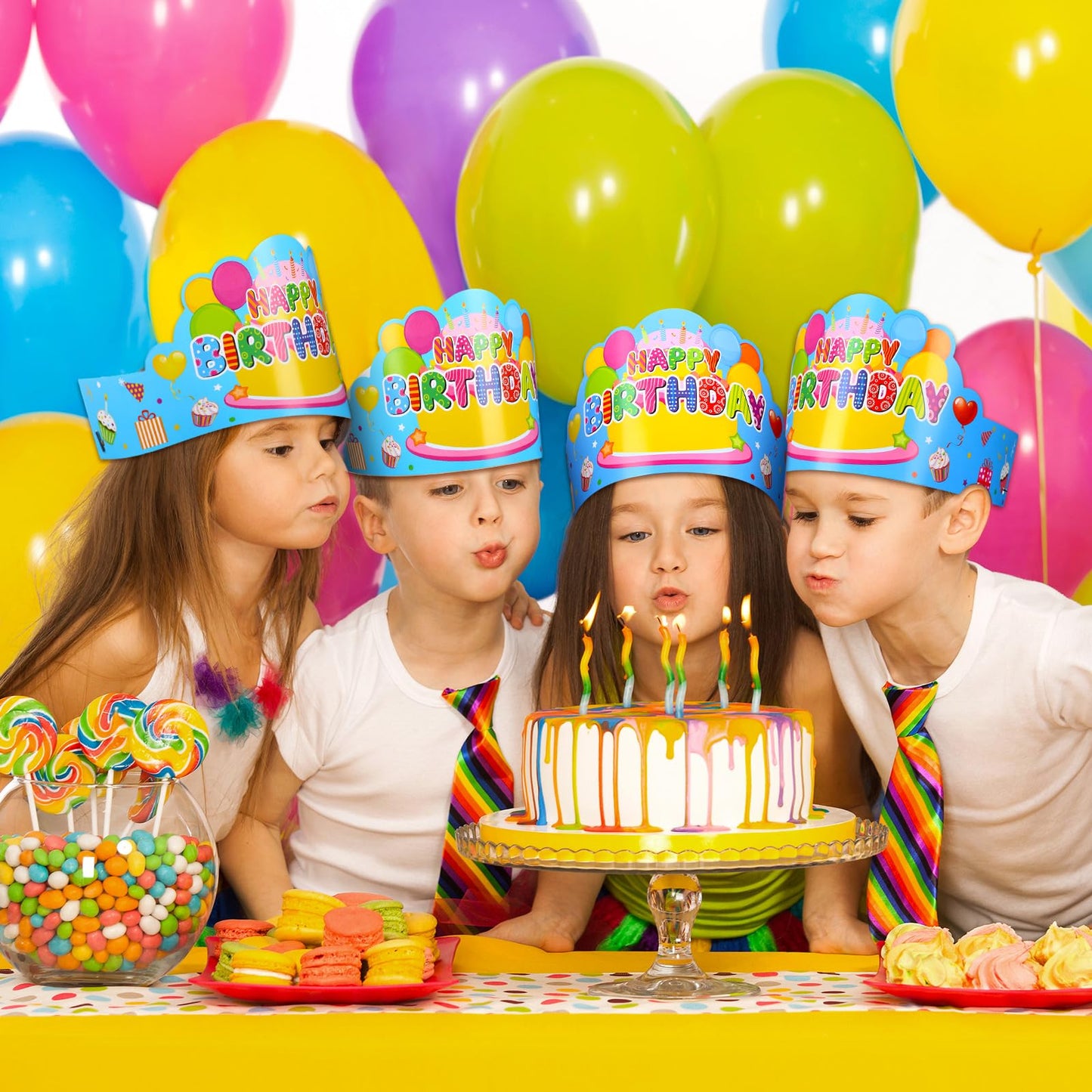 Yunsailing 36 Pcs Happy Birthday Crowns for Kids – Blue Paper Birthday Hats for Parties