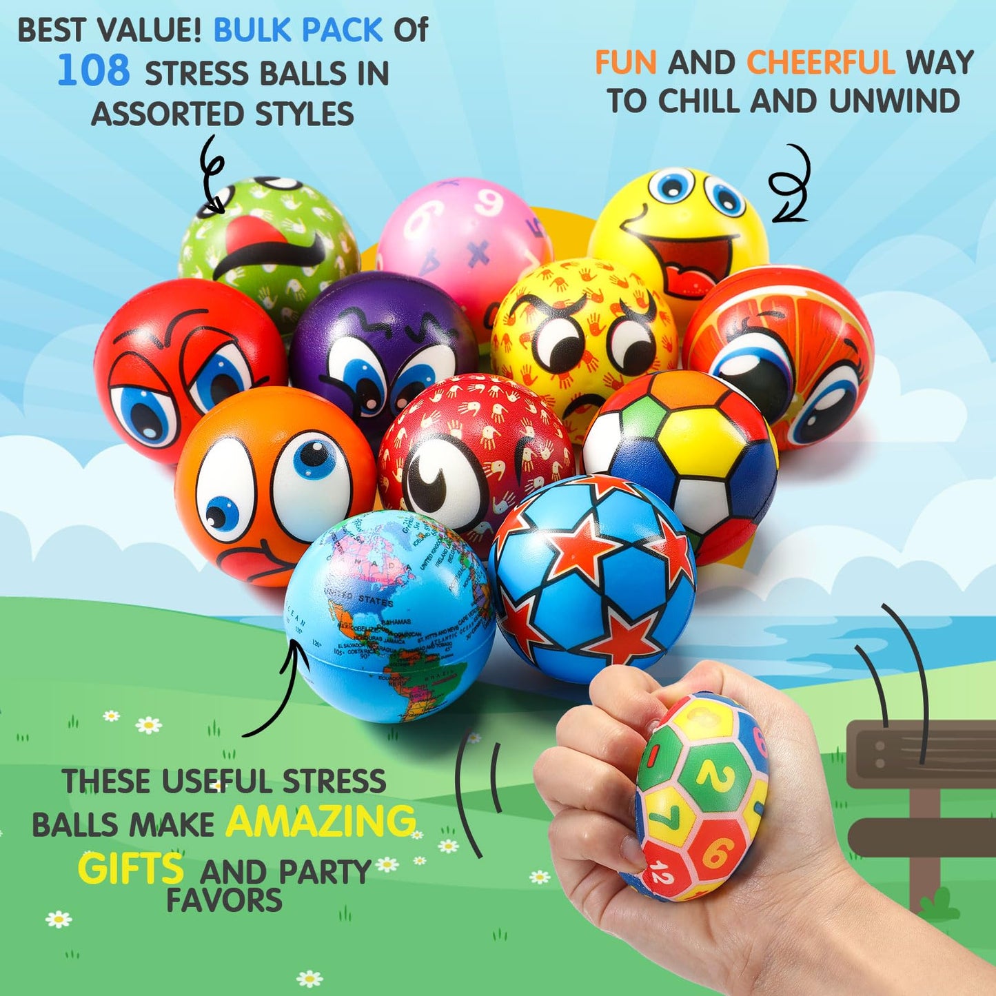 Yunsailing 108 Pcs Mini Stress Balls Bulk – 2.4-Inch Foam Fidget Toys for Classrooms, Parties & Home