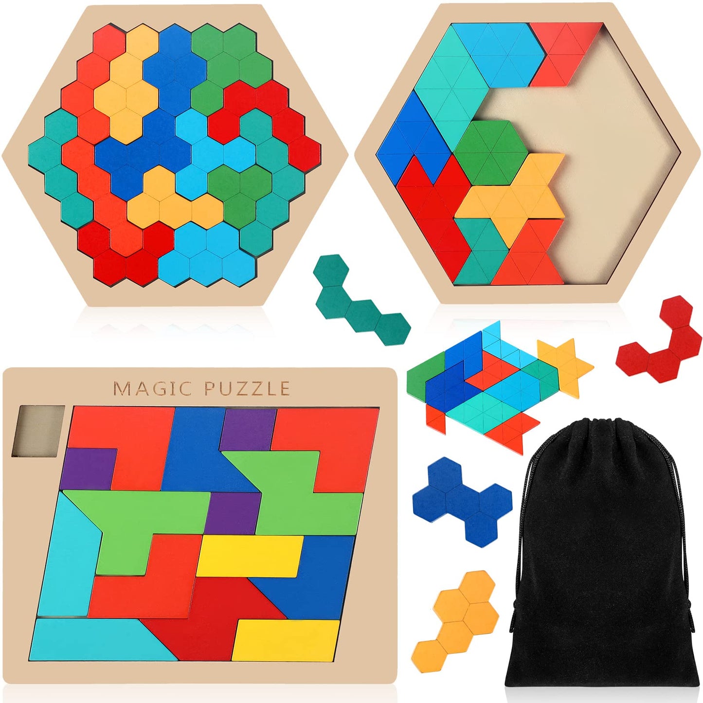 Yunsailing 3 Pack Large Hexagon Tangram Puzzle – Wooden Brain Teasers for Kids & Adults