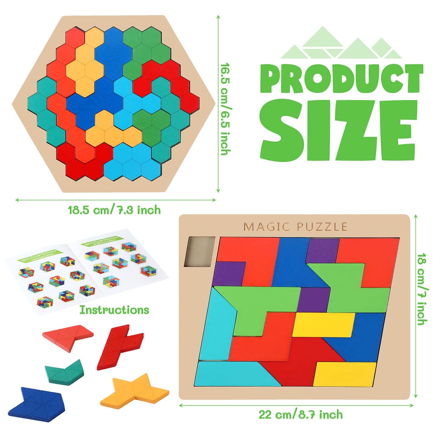 Yunsailing 3 Pack Large Hexagon Tangram Puzzle – Wooden Brain Teasers for Kids & Adults