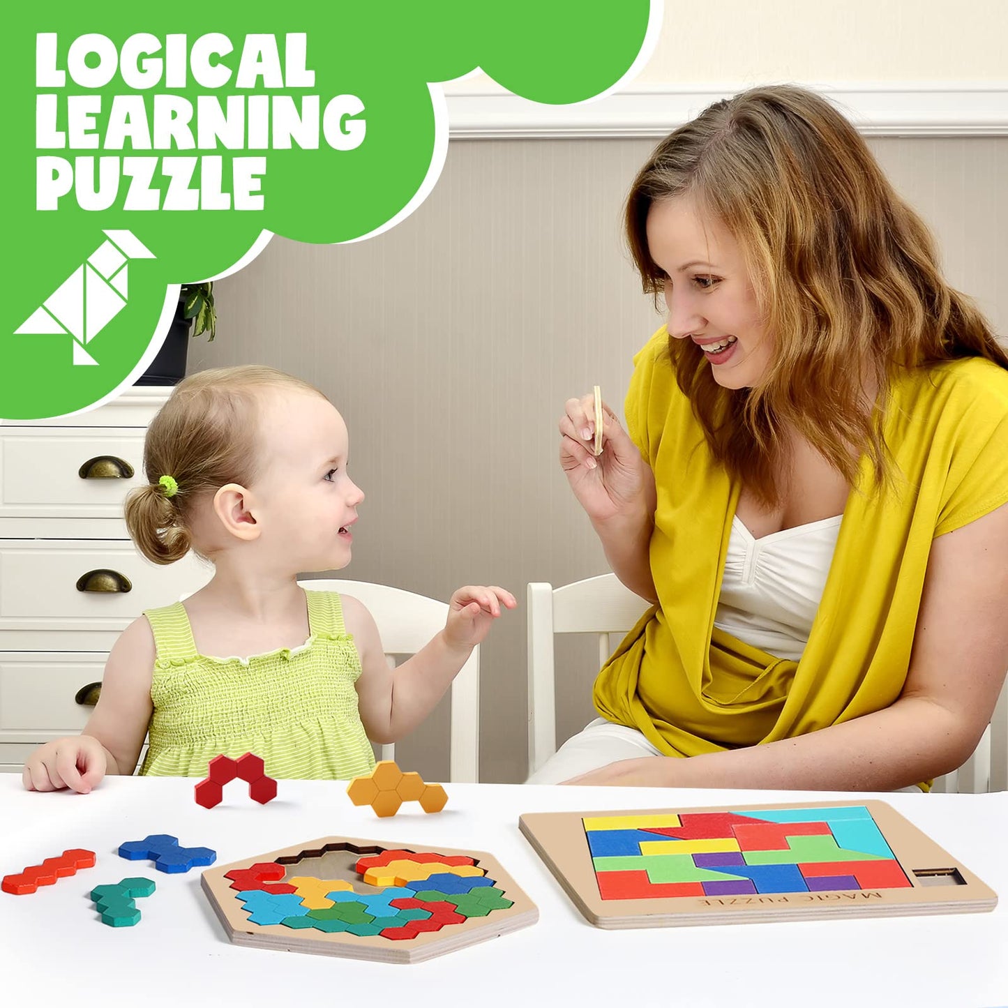Yunsailing 3 Pack Large Hexagon Tangram Puzzle – Wooden Brain Teasers for Kids & Adults