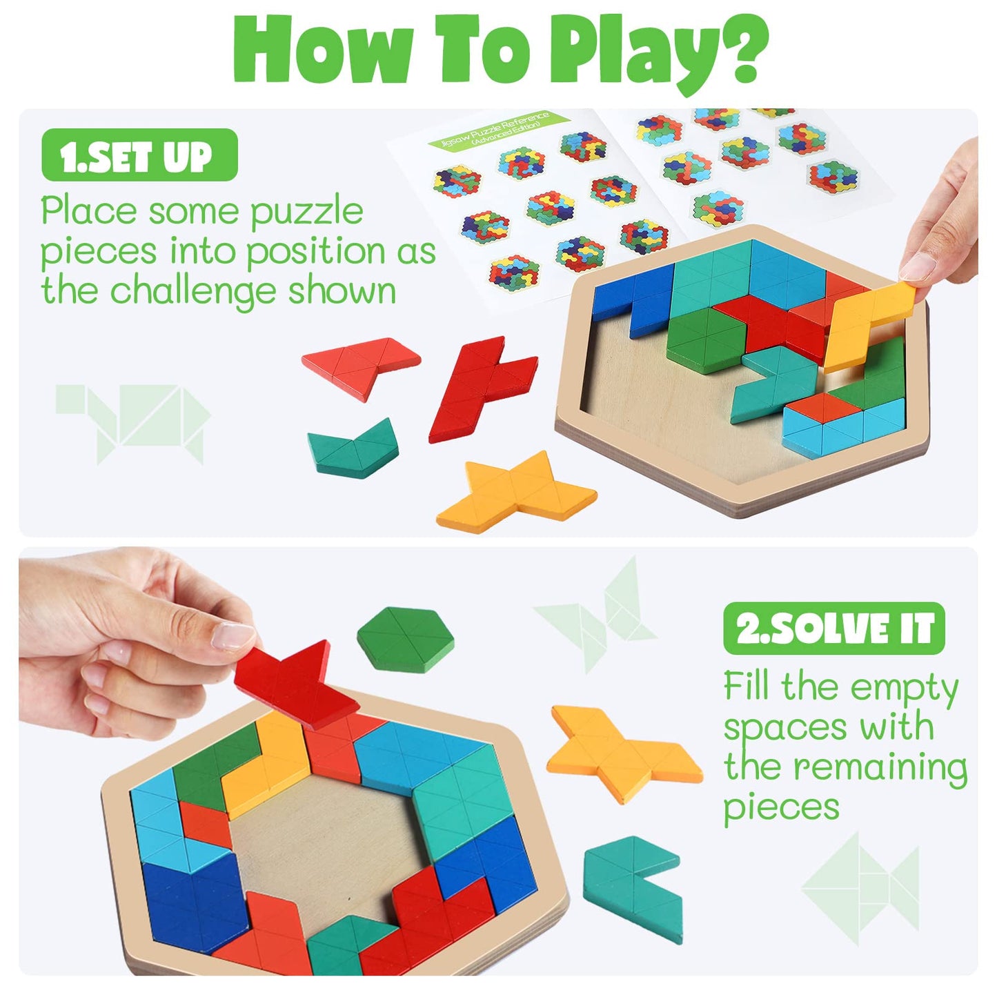 Yunsailing 3 Pack Large Hexagon Tangram Puzzle – Wooden Brain Teasers for Kids & Adults