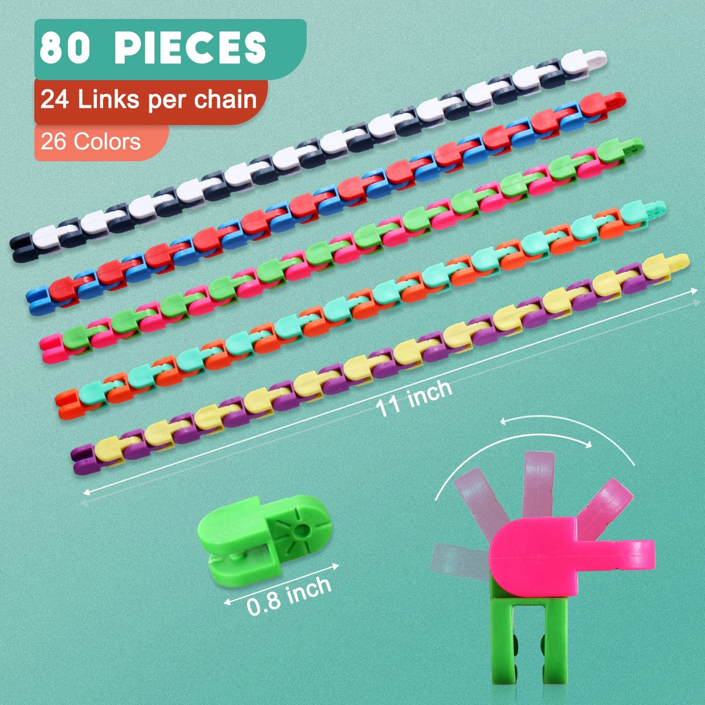 Yunsailing 80-Pack Wacky Tracks Snap Fidget Toys – 24 Links, 26 Colors, Portable Snake Puzzle