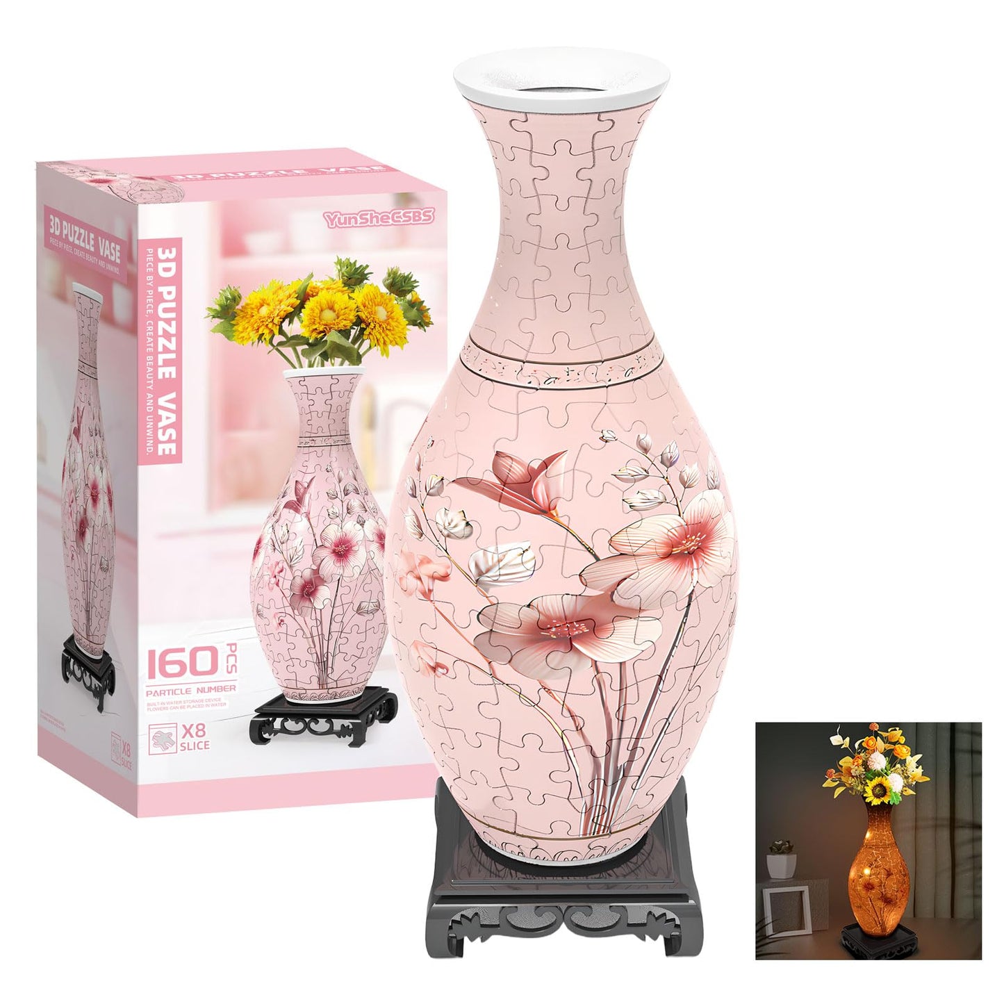 YunSheCSBS 3D Puzzle Vase with LED Light – 160-Piece DIY Flower Vase (Pink)