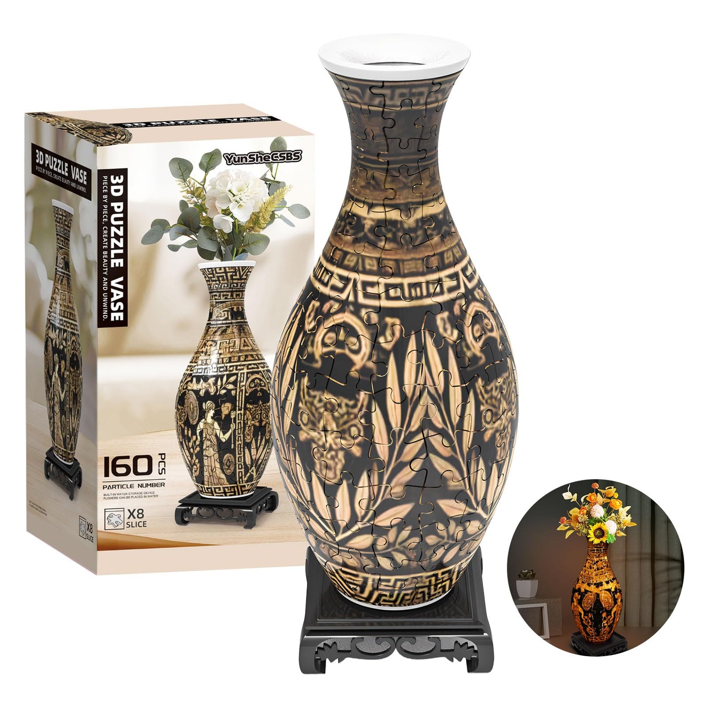 YunSheCSBS 3D Puzzle Vase for Adults – LED Light, 160-Piece DIY Vase Gift