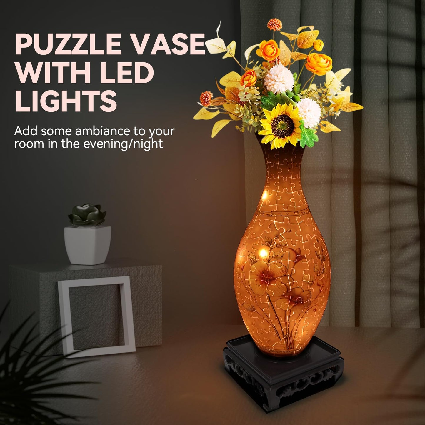 YunSheCSBS 3D Puzzle Vase with LED Light – 160-Piece DIY Flower Vase (Pink)