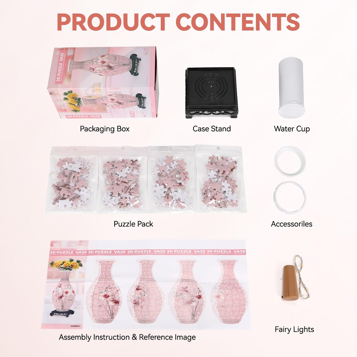 YunSheCSBS 3D Puzzle Vase with LED Light – 160-Piece DIY Flower Vase (Pink)