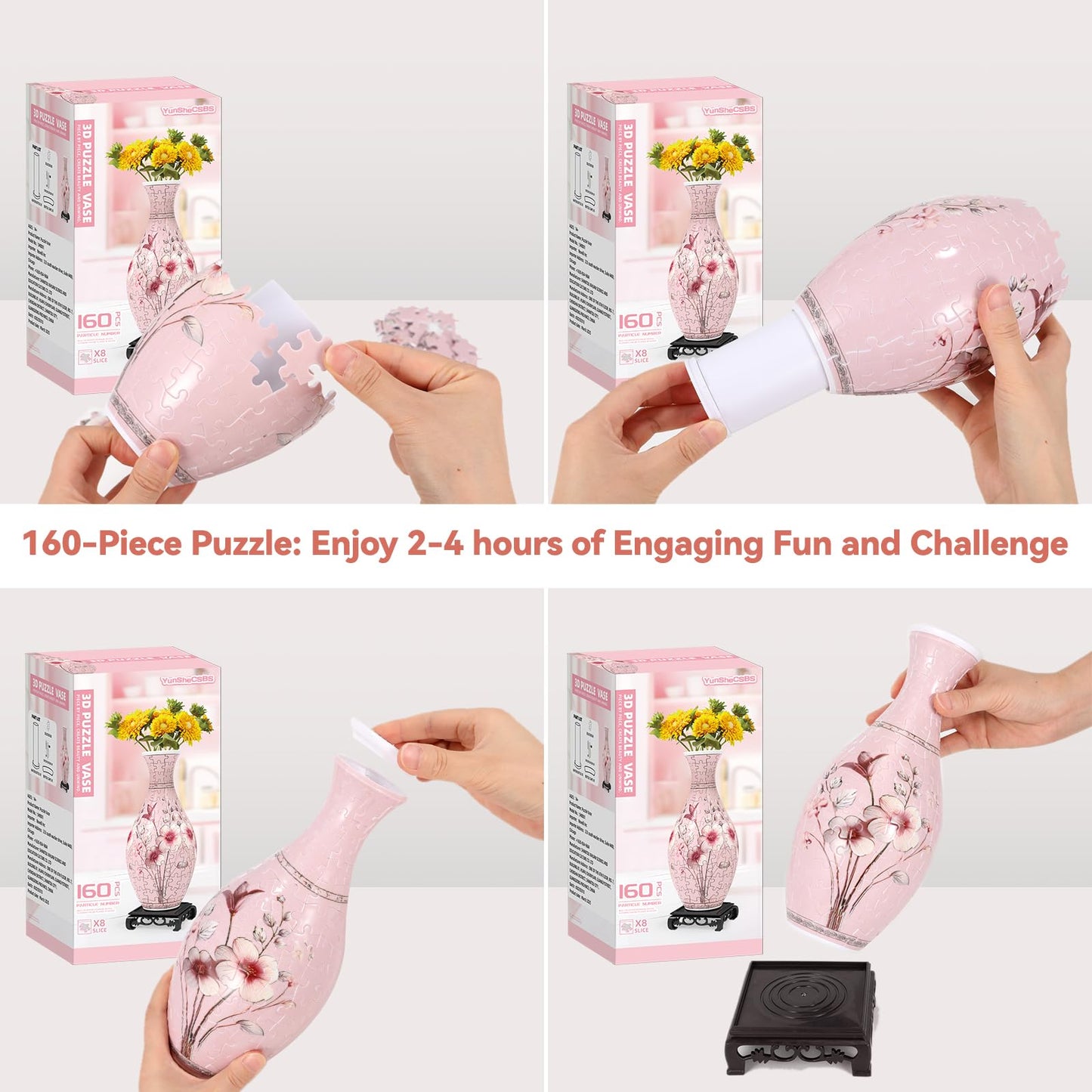 YunSheCSBS 3D Puzzle Vase with LED Light – 160-Piece DIY Flower Vase (Pink)