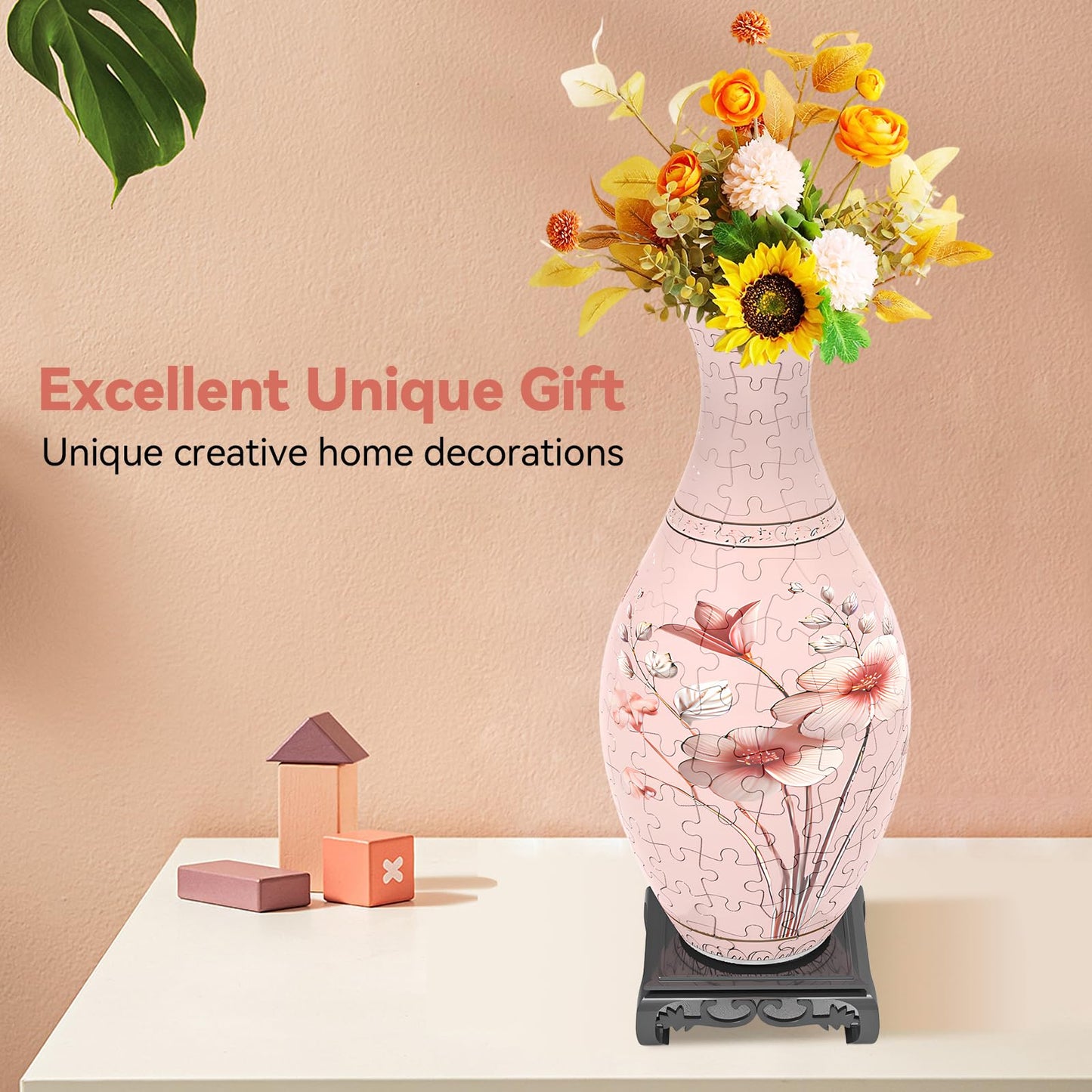 YunSheCSBS 3D Puzzle Vase with LED Light – 160-Piece DIY Flower Vase (Pink)